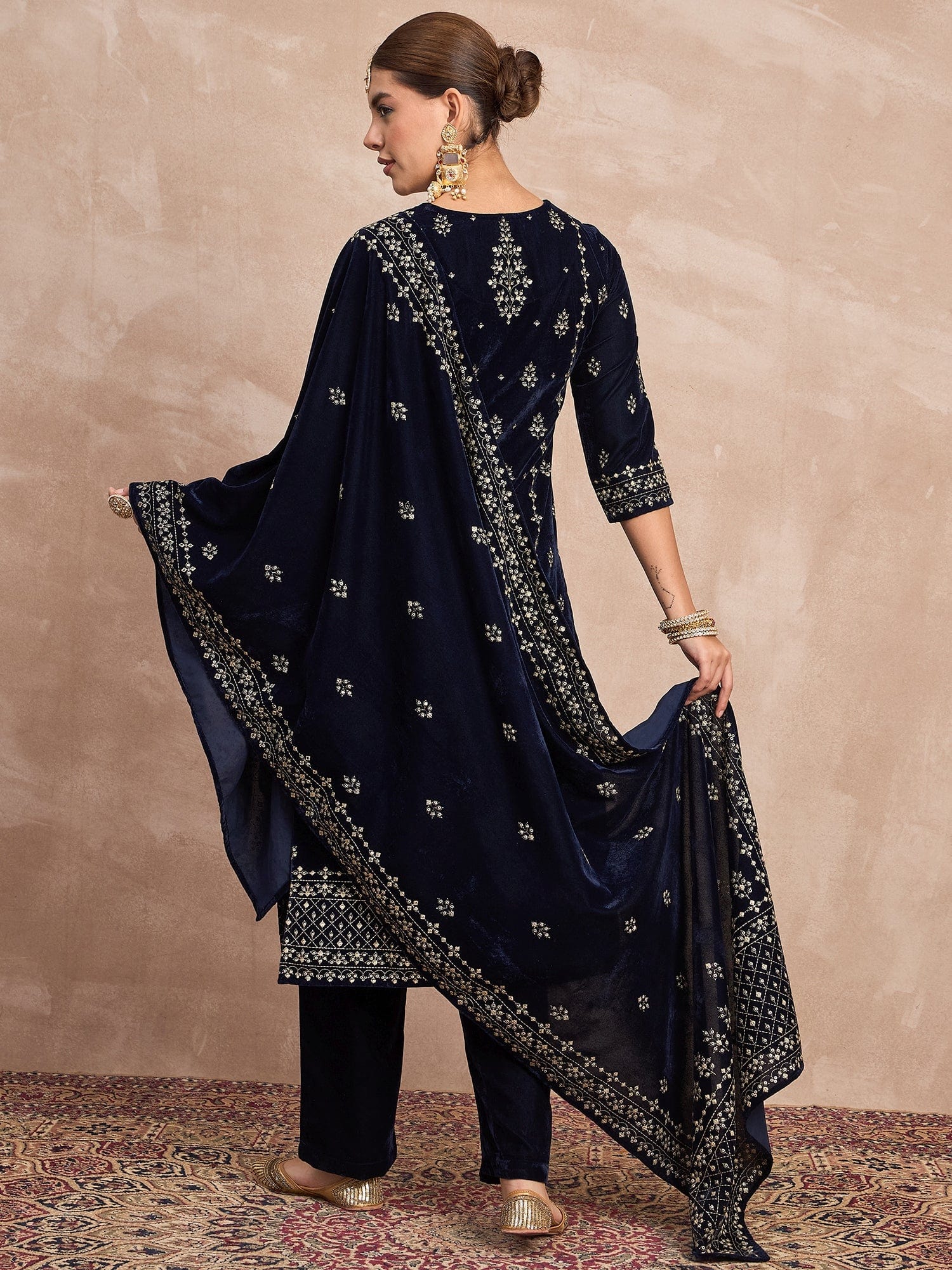 Velvet Kurta Set , Paired With Trousers, And A Printed Velvet Dupatta