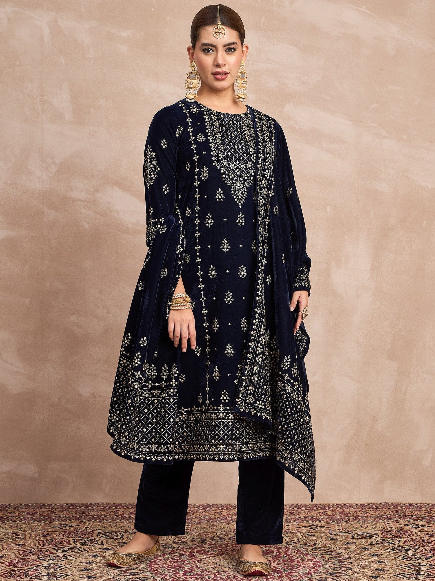 Velvet Kurta Set , Paired With Trousers, And A Printed Velvet Dupatta
