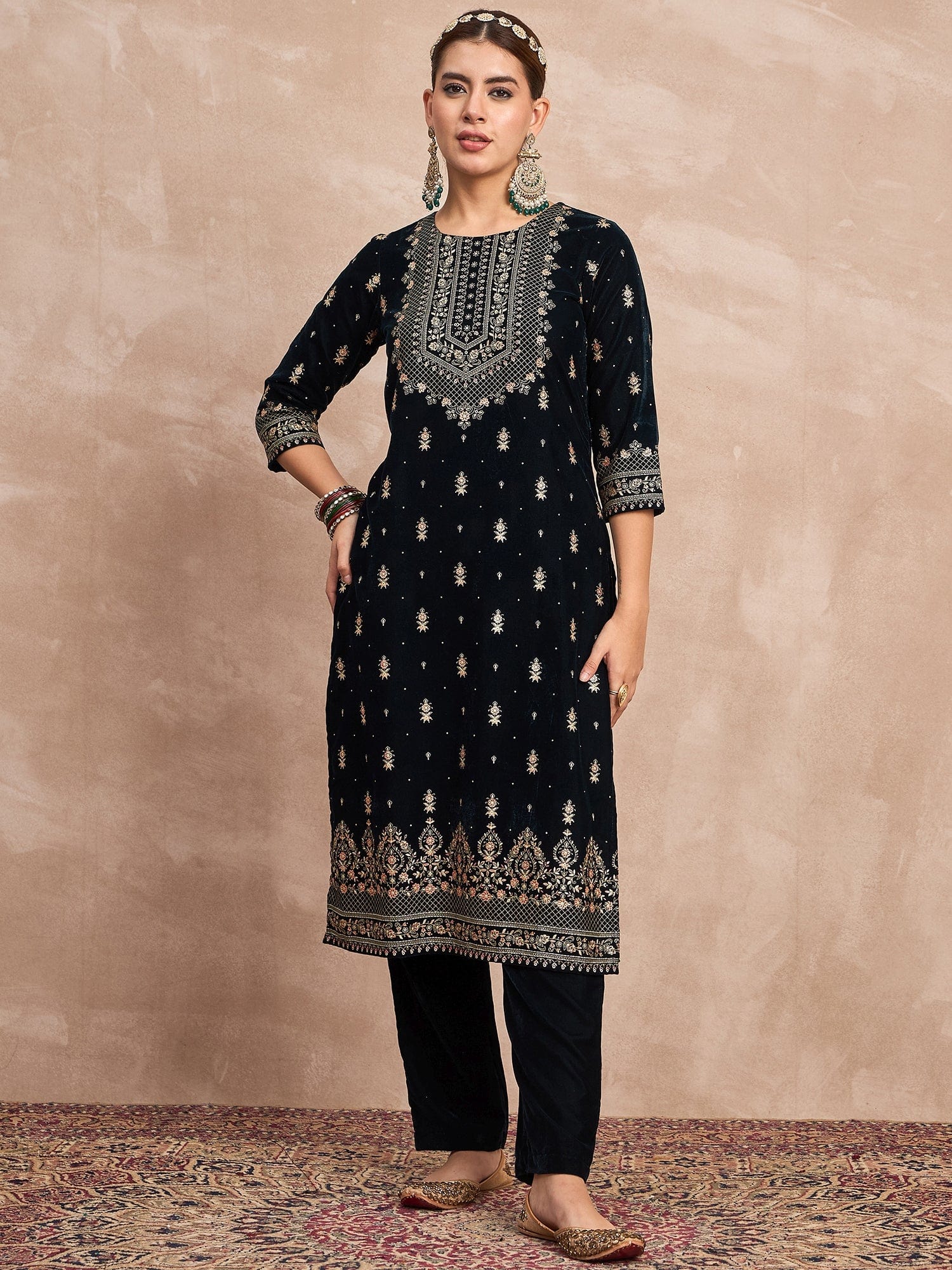 Velvet Kurta Set , Paired With Trousers, And A Printed Velvet Dupatta