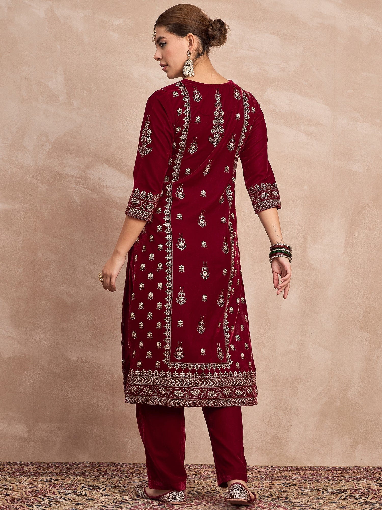 Velvet Kurta With Silver Print, Paired With Trousers For An Elegant, Everyday Look