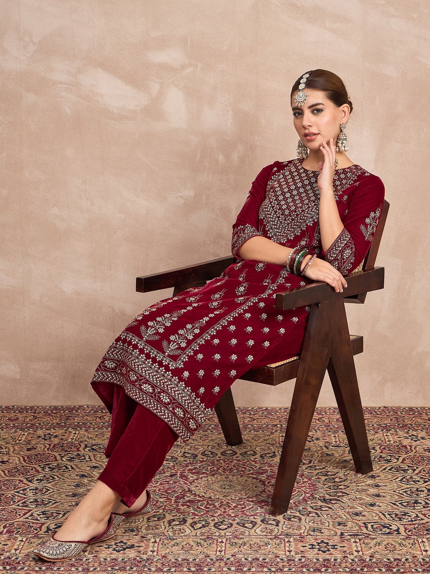 Velvet Kurta With Silver Print, Paired With Trousers For An Elegant, Everyday Look