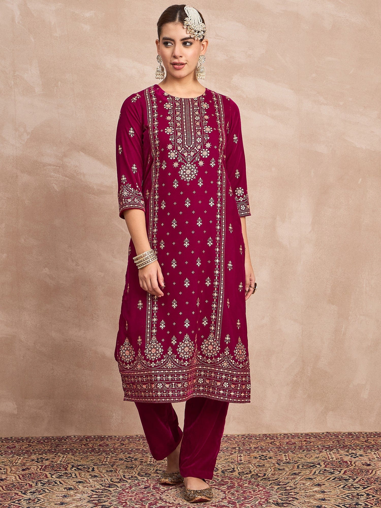Velvet Kurta Set , Paired With Trousers, And A Printed Velvet Dupatta