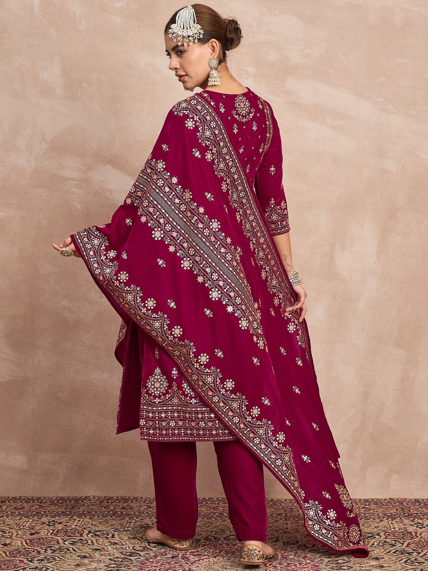 Velvet Kurta Set , Paired With Trousers, And A Printed Velvet Dupatta
