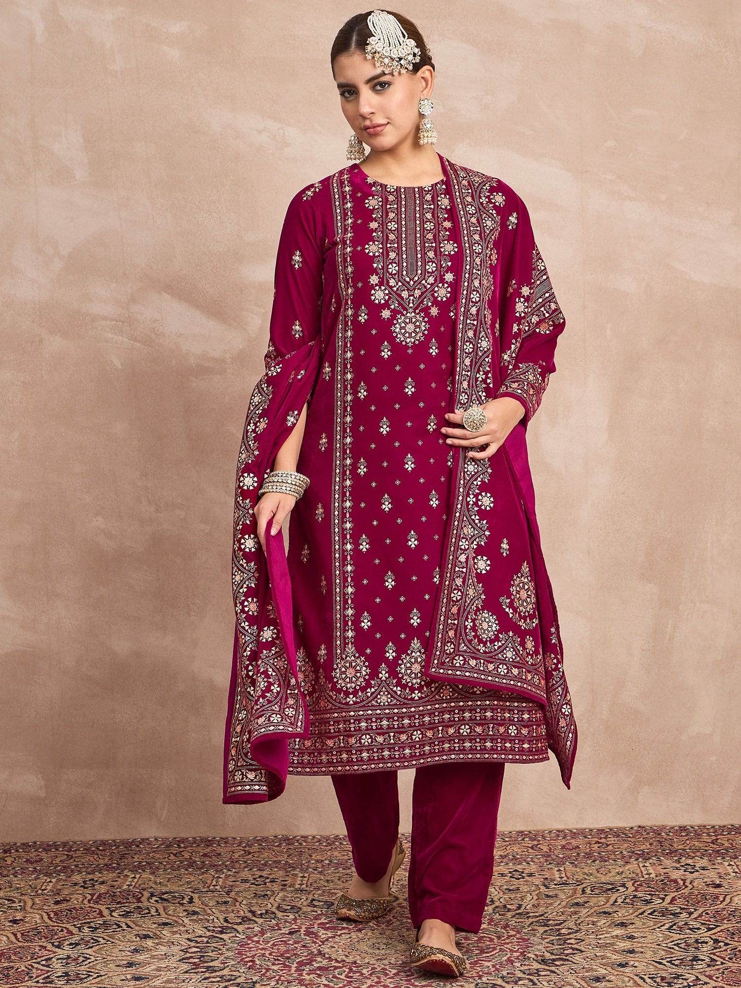 Velvet Kurta Set , Paired With Trousers, And A Printed Velvet Dupatta