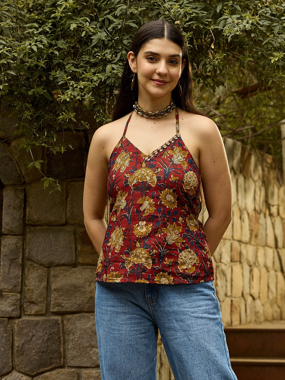 Rust Halter Neck Top with Block-Inspired Print