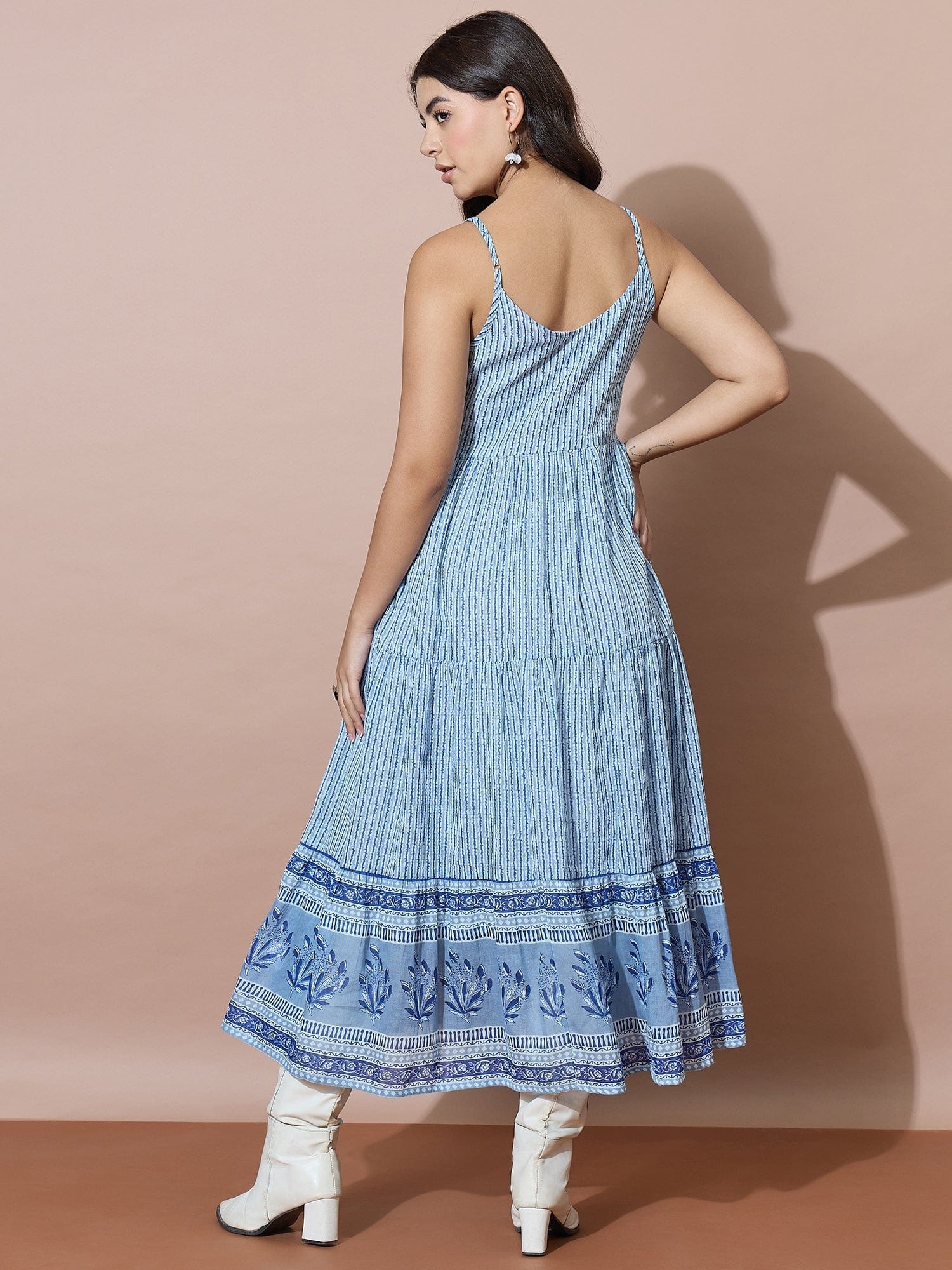 Blue Striped Flowy Dress With Traditional Block Print Inspired Border Accents