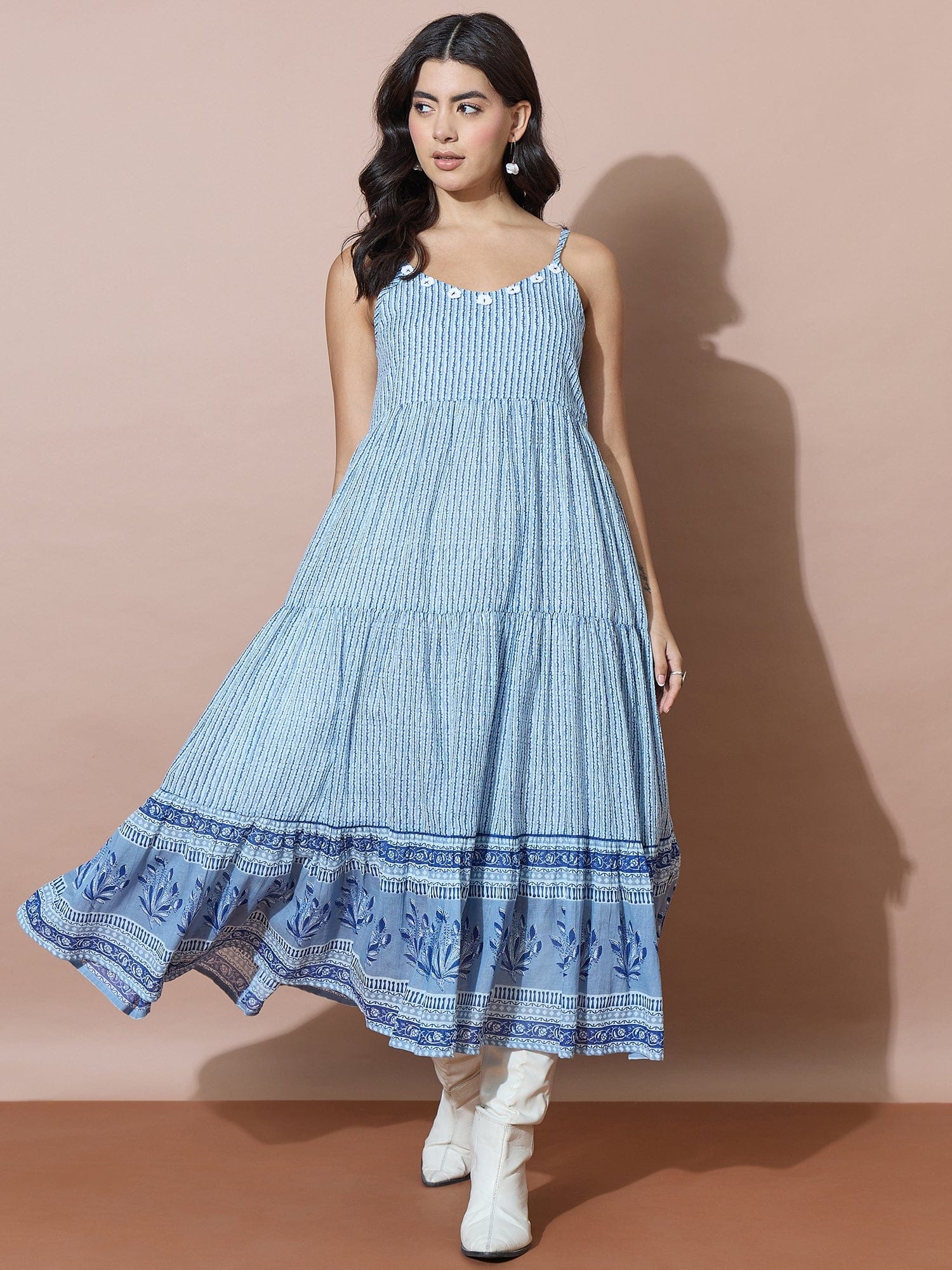 Blue Striped Flowy Dress With Traditional Block Print Inspired Border Accents