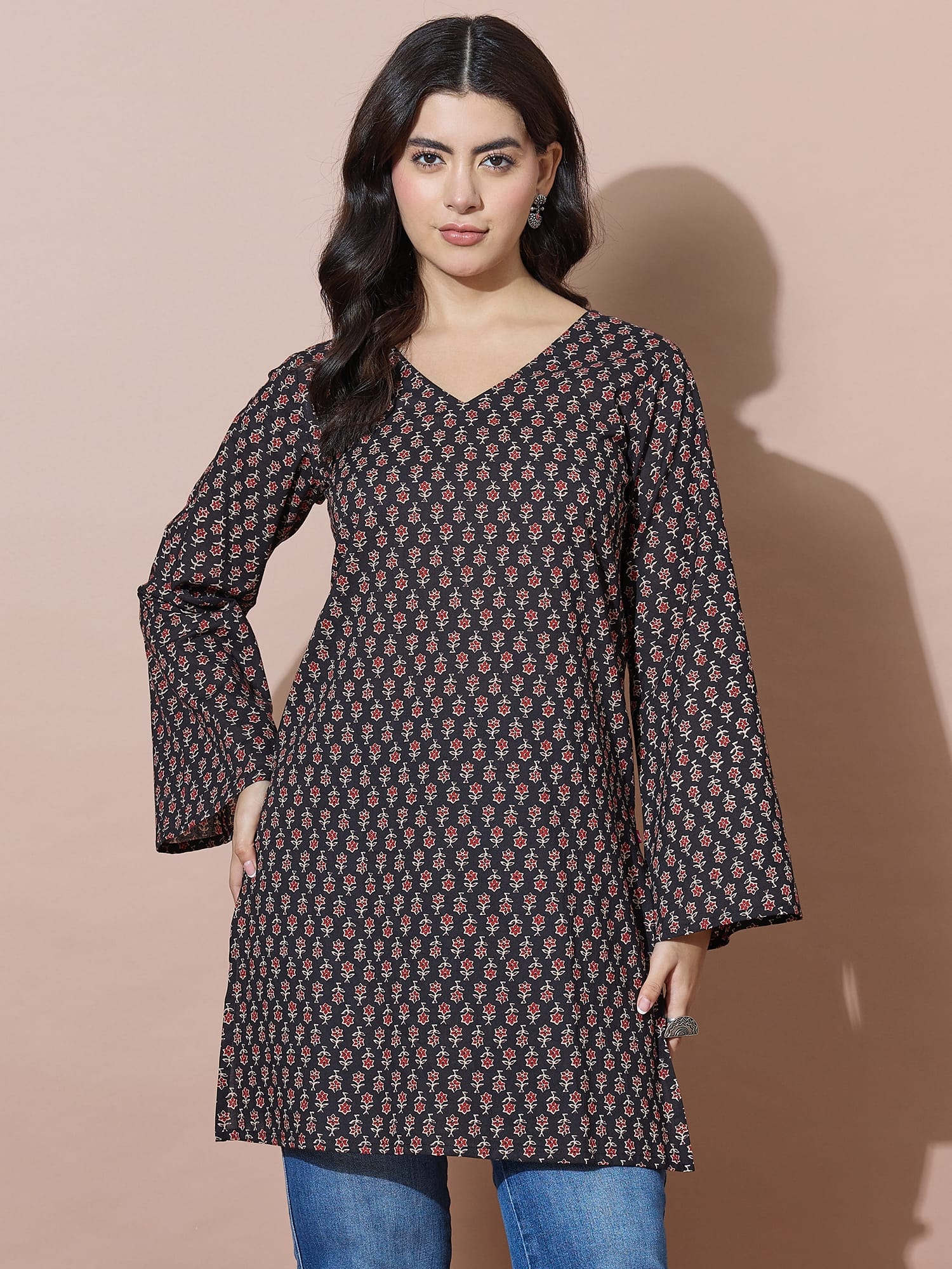Black V-Neck Short Kurti With Back Tie-Up