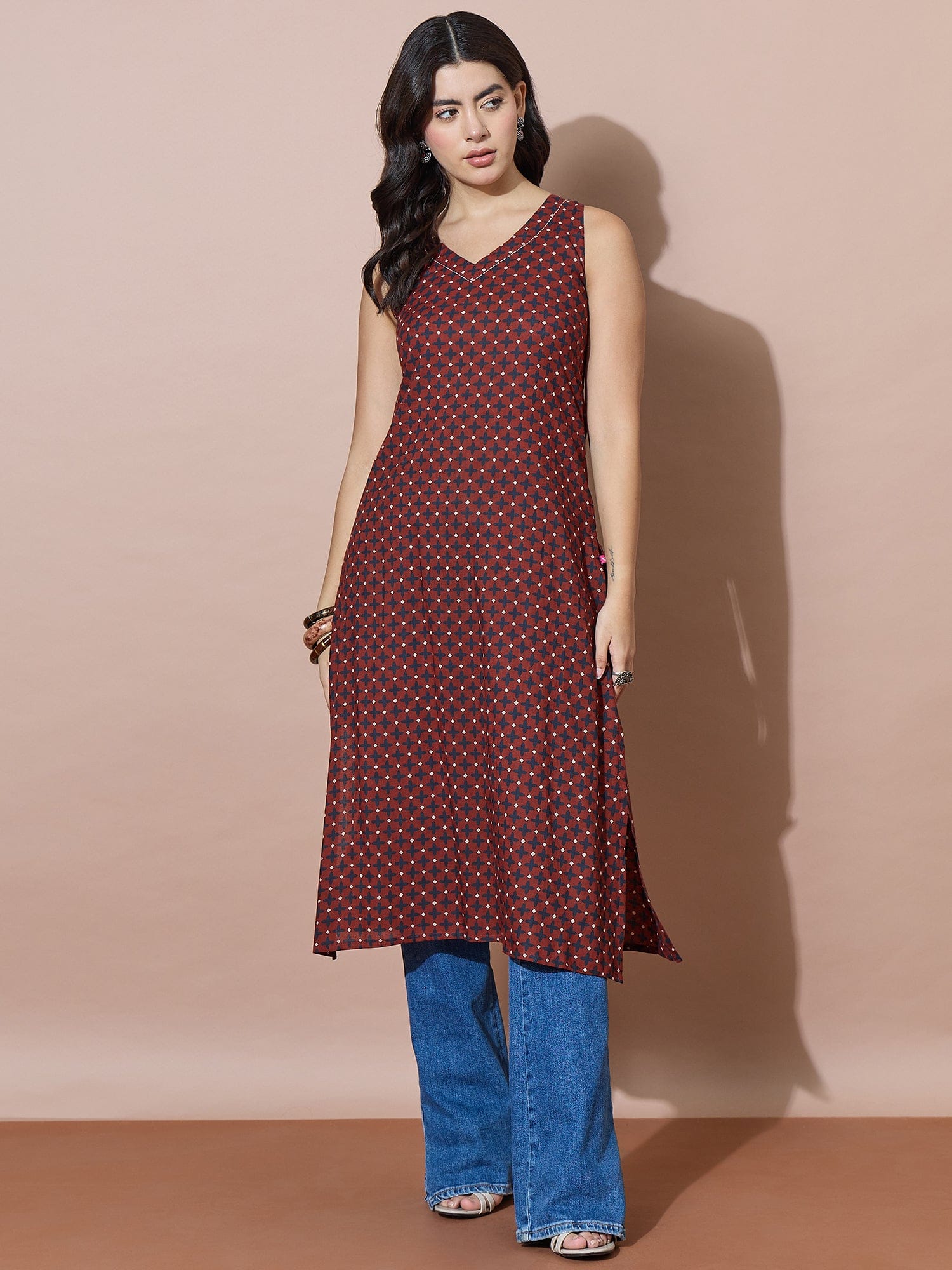 Printed Sleeveless Kurta With Crisscross Back Modern Fit