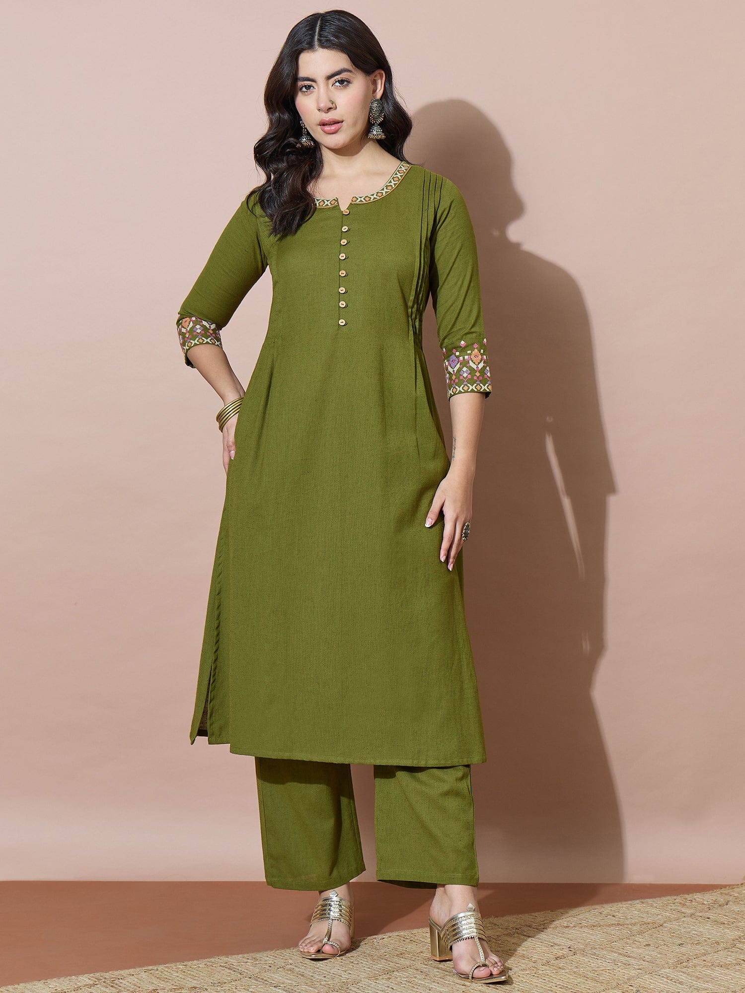 Women'S Green Flex Buttoned Kurta Set