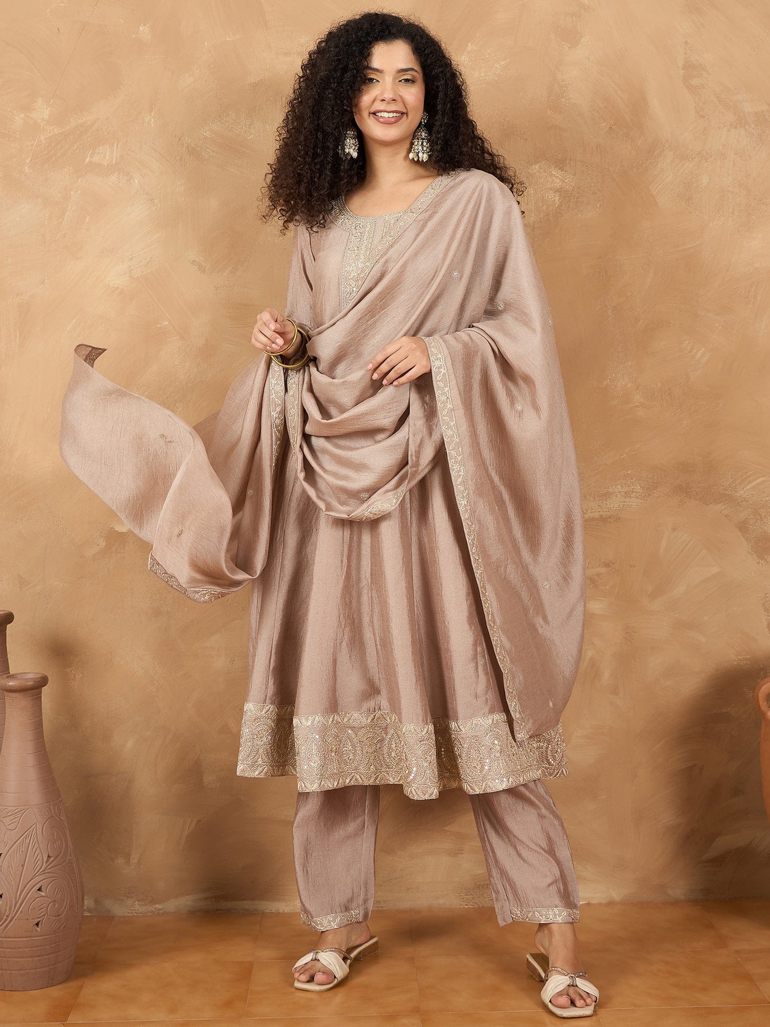 Zari Embroidered Yoke Kurta With Pant And Dupatta
