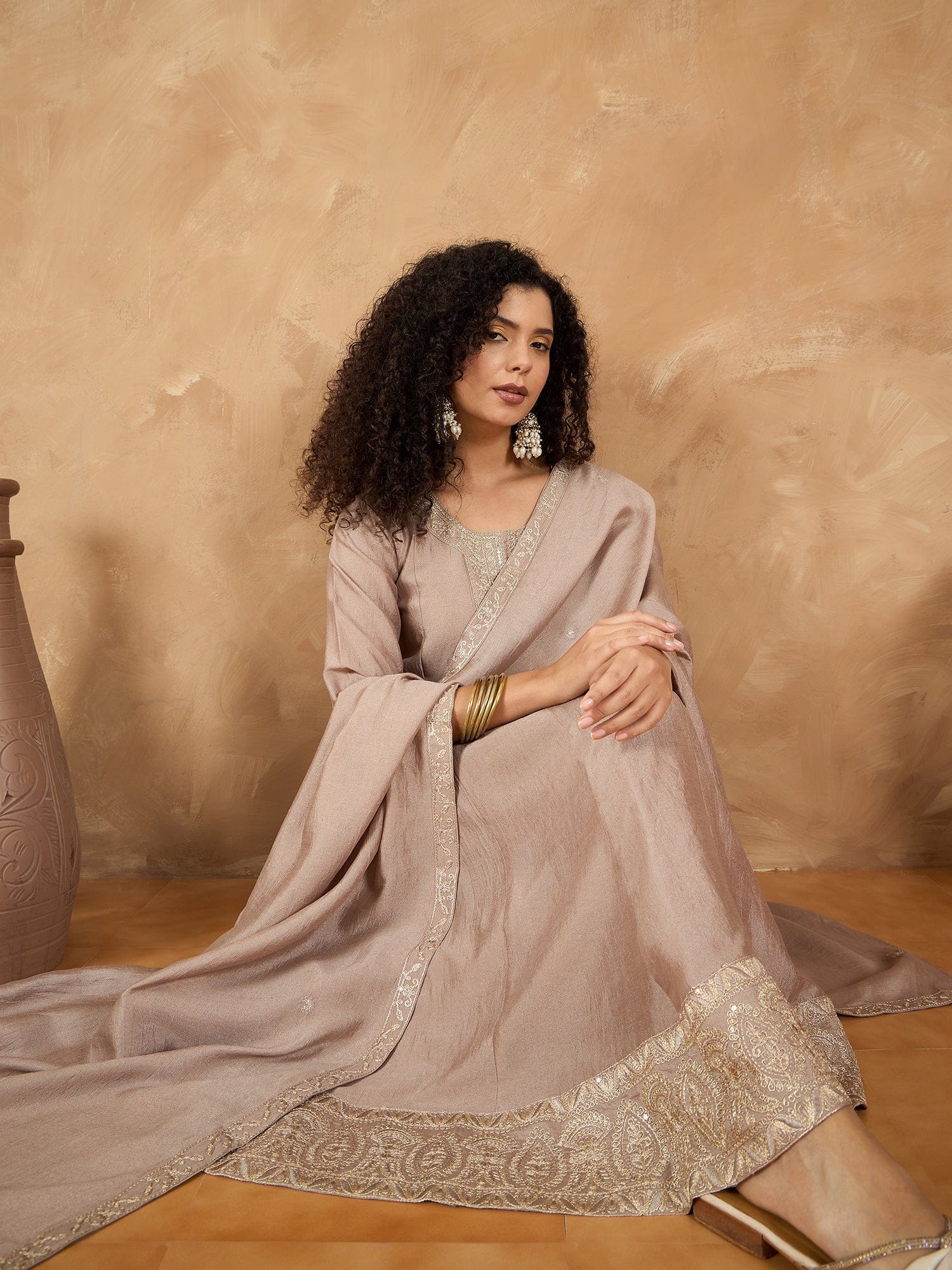 Zari Embroidered Yoke Kurta With Pant And Dupatta