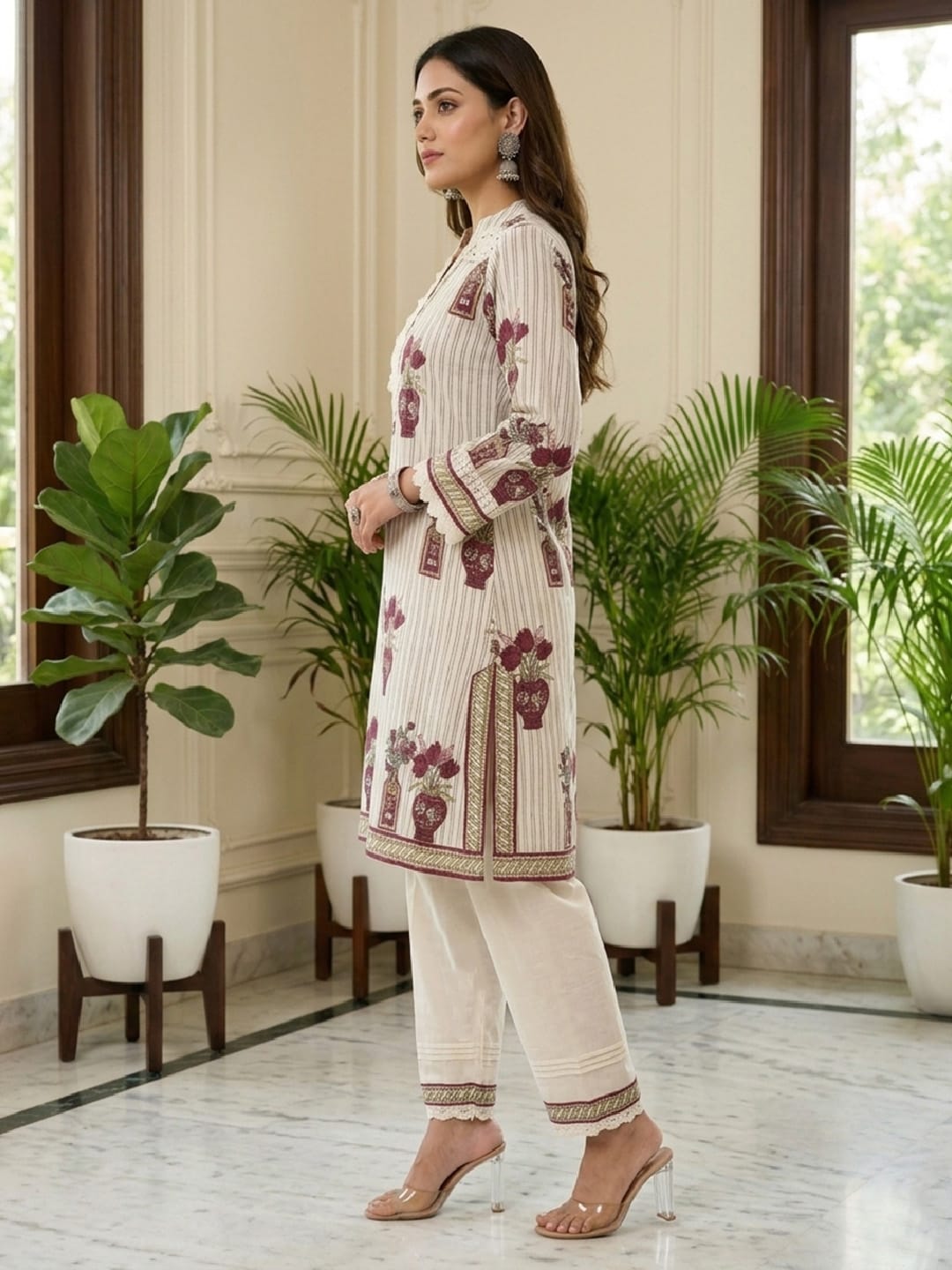 Womens Traditional Stripe & Scallop Kurta Set