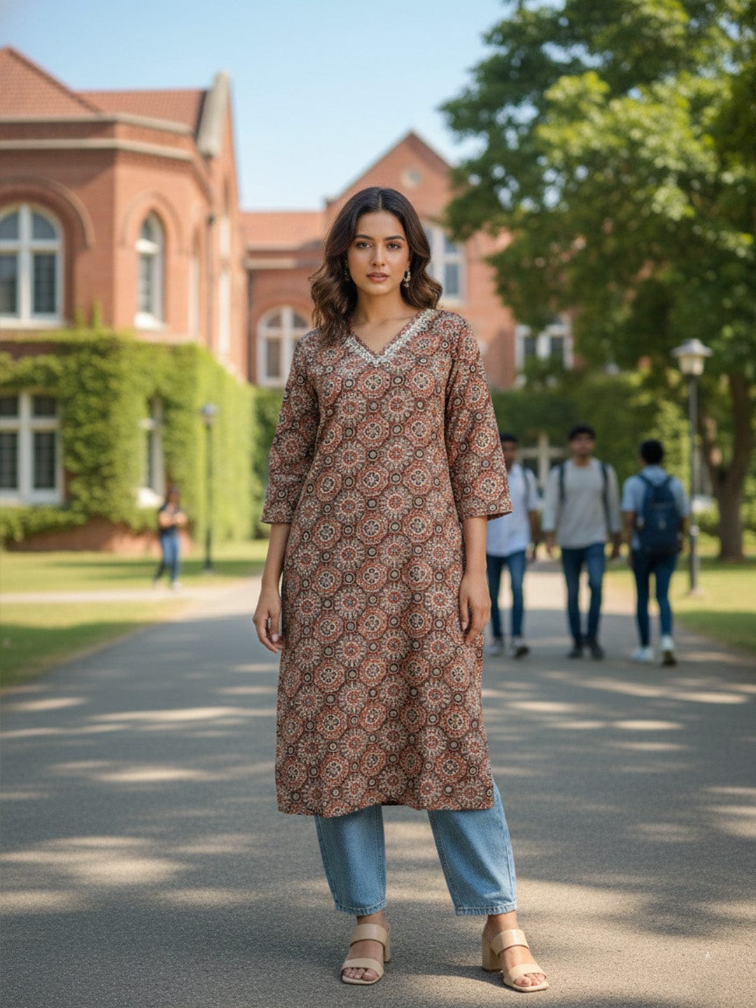 The Kurti Collection Traditional Jal Pattern Brown Kurta for Women