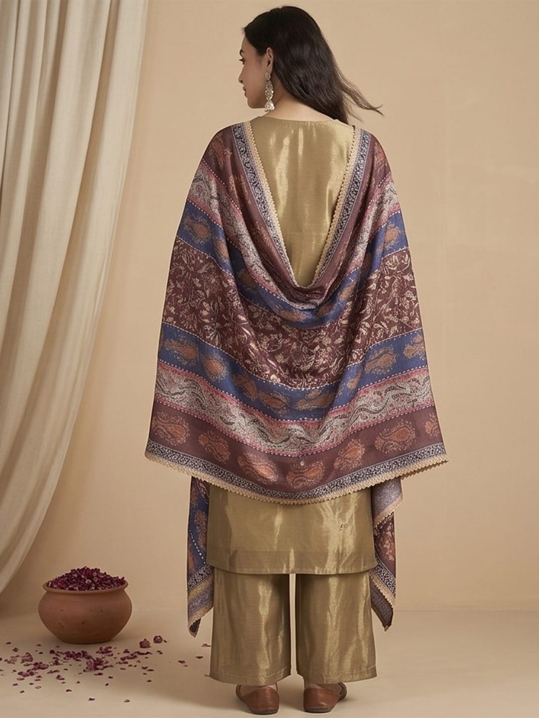 The Kurti Collection Women Kurta Set With Intricate Lace Detailing And Solid Ankle-Length Trousers, And Printed Dupatta.