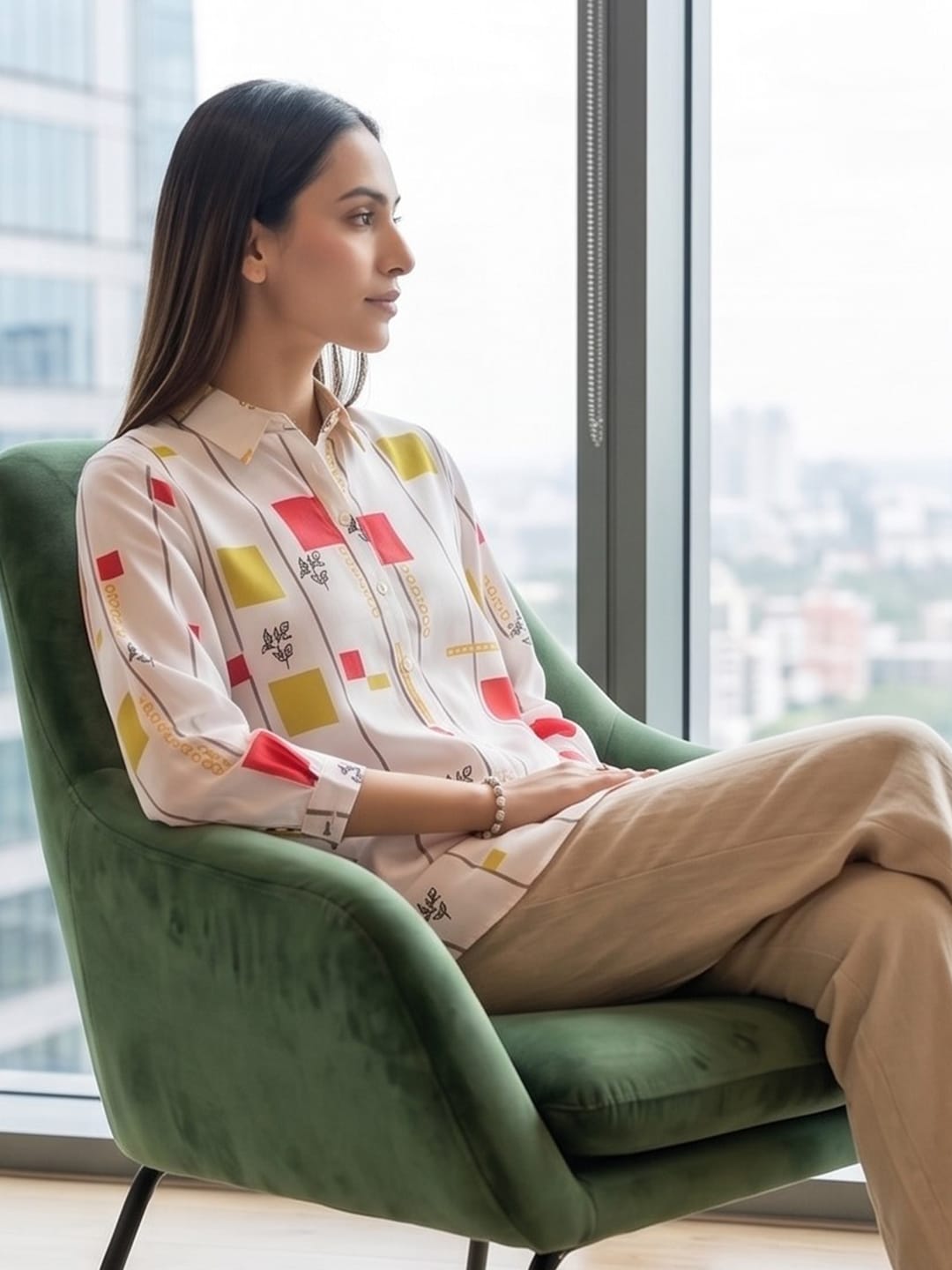 White Coloured Slim Collar Long Sleeves Colourblocked Shirt