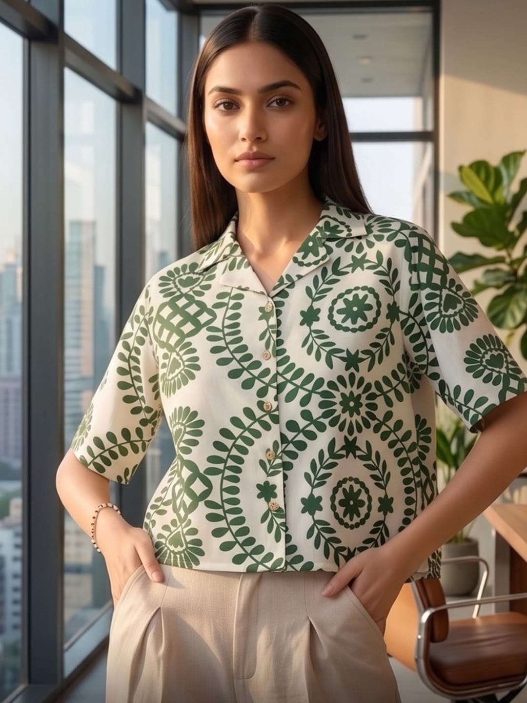Green Coloured Short Sleeves Shirt Collar Top