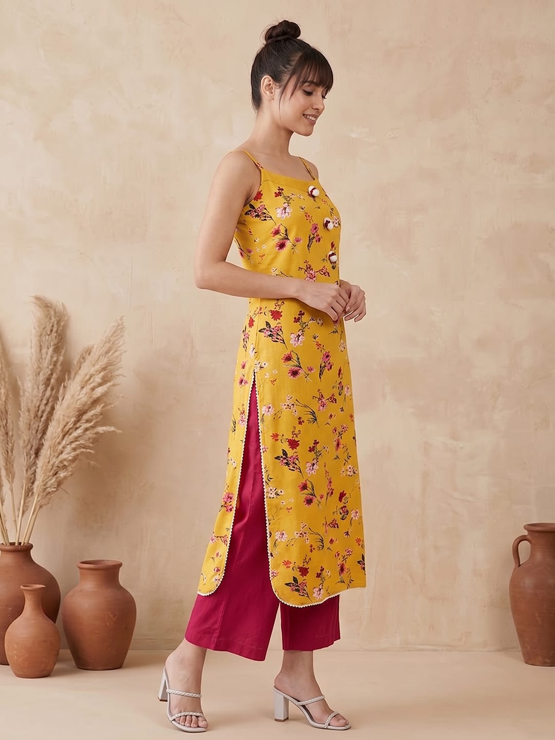 The Kurti Collection Mustard And Pink Printed Strap Kurta