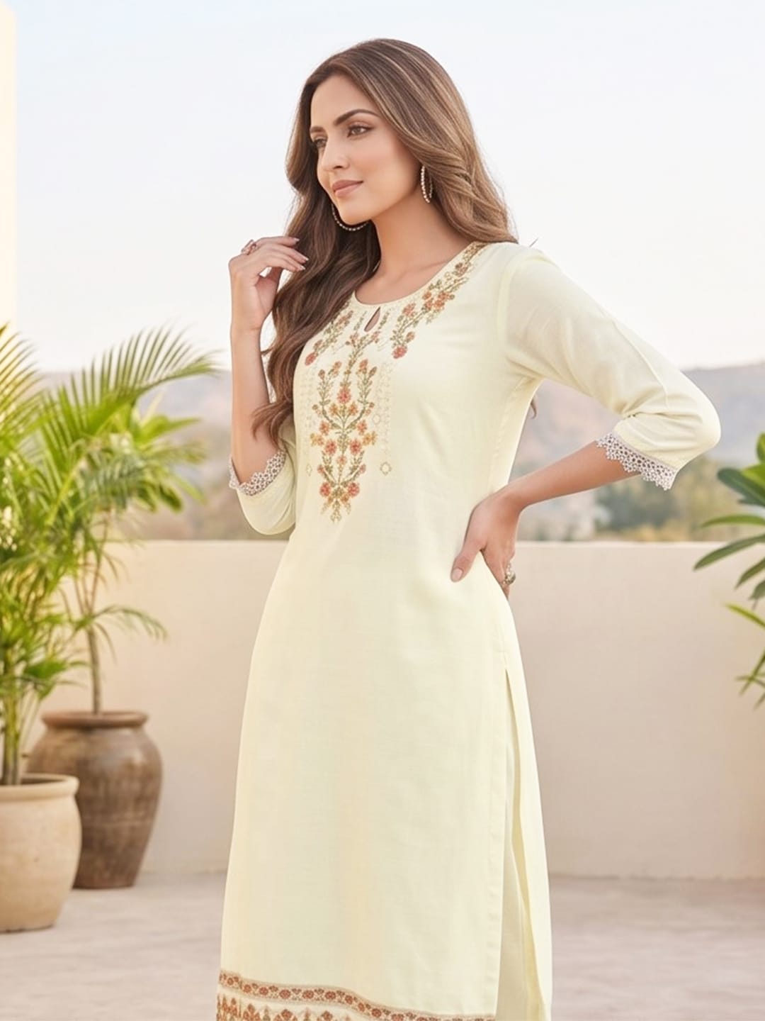 The Kurti Collection Women Floral Motif Thread Embroidered Yoke Kurta with Trouser & Dupatta