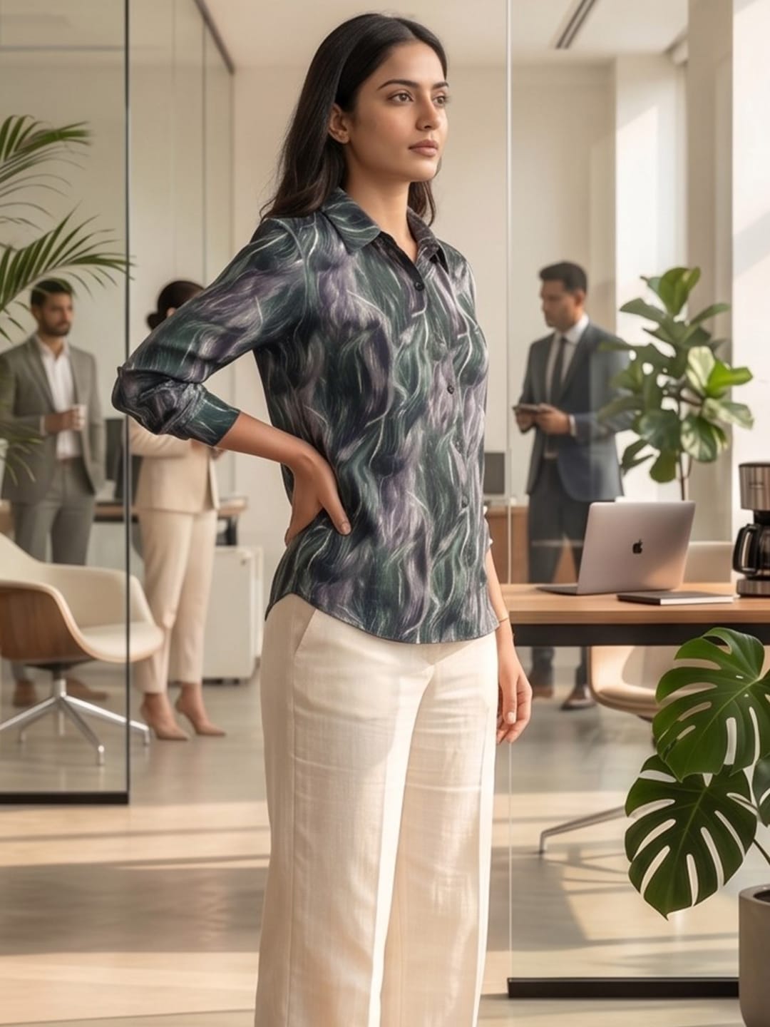 Green Coloured Slim Collar Long Sleeves Abstract Shirt