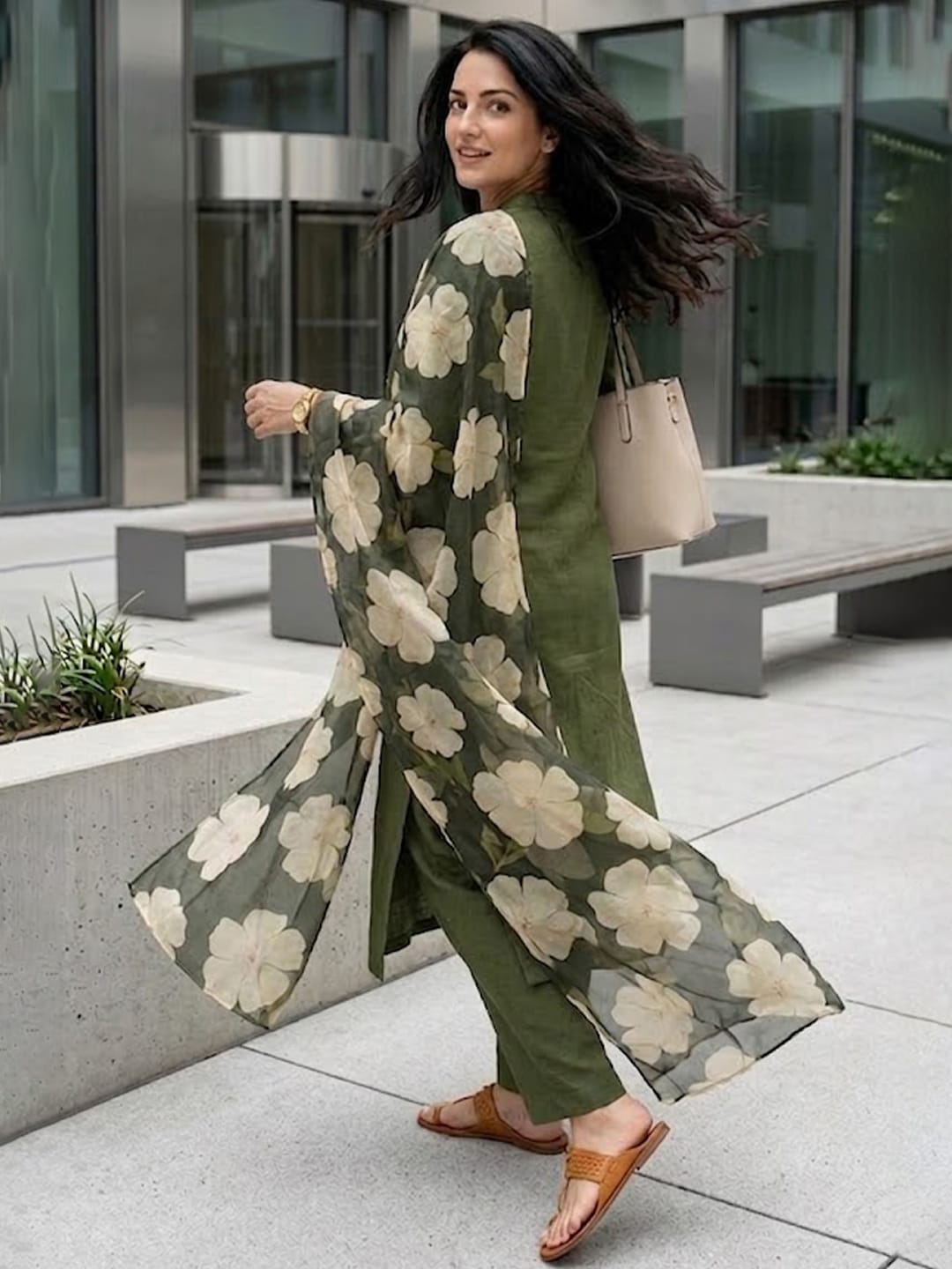Women Olive Green Solid Kurta with Printed Organza Dupatta