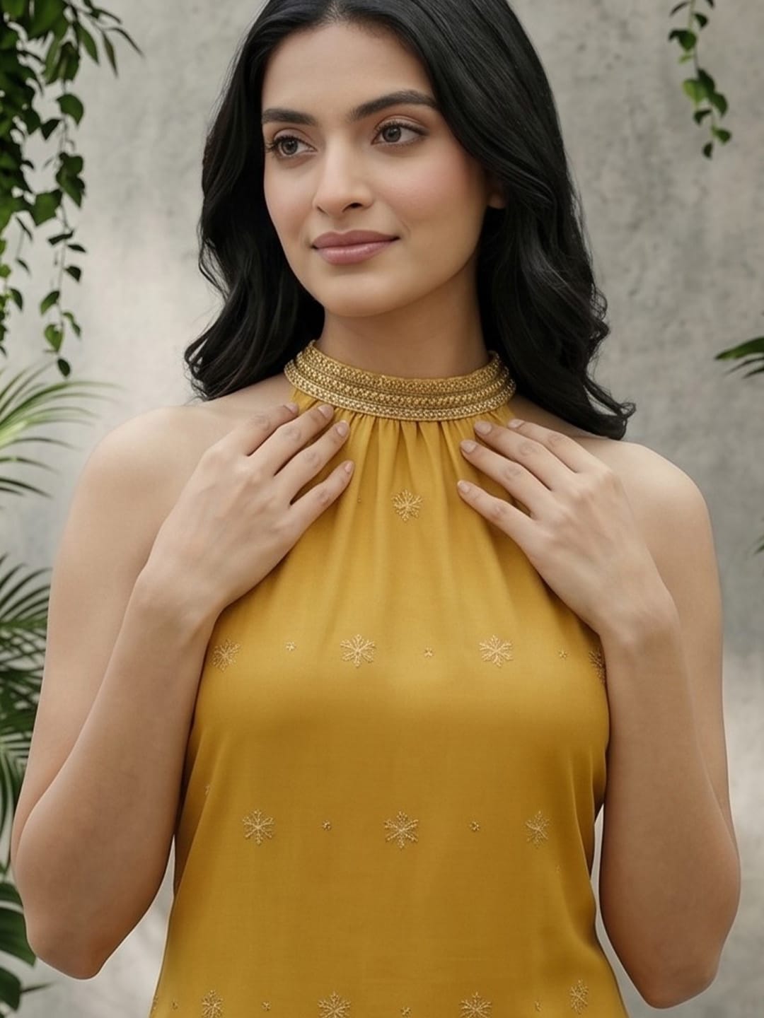 The Kurti Collection Women Mustard Halter Neck Straight Lurex Kurta with trouser