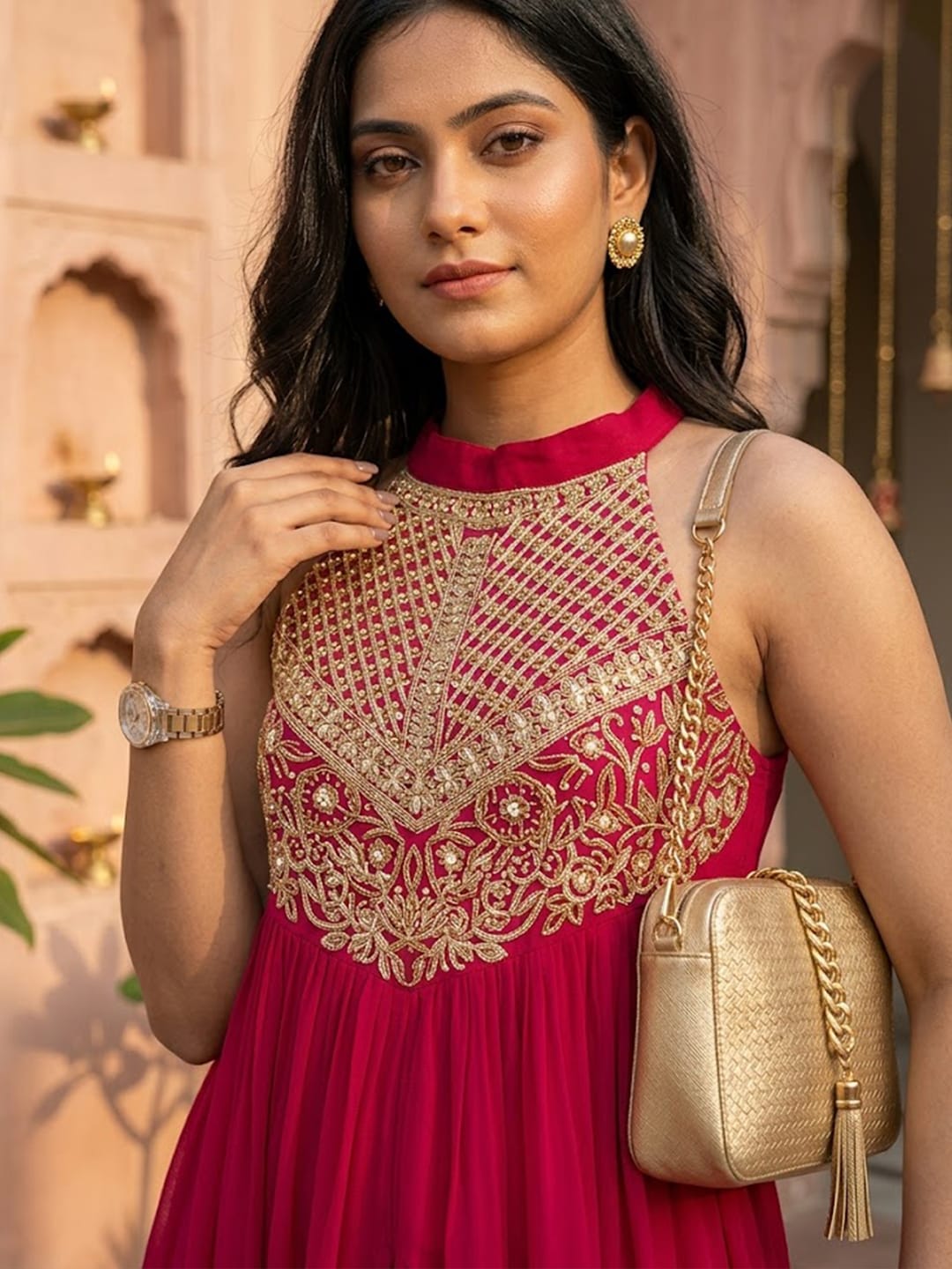 Magenta Sleeveless Fusion Kurta Set with Intricate Bodice Work