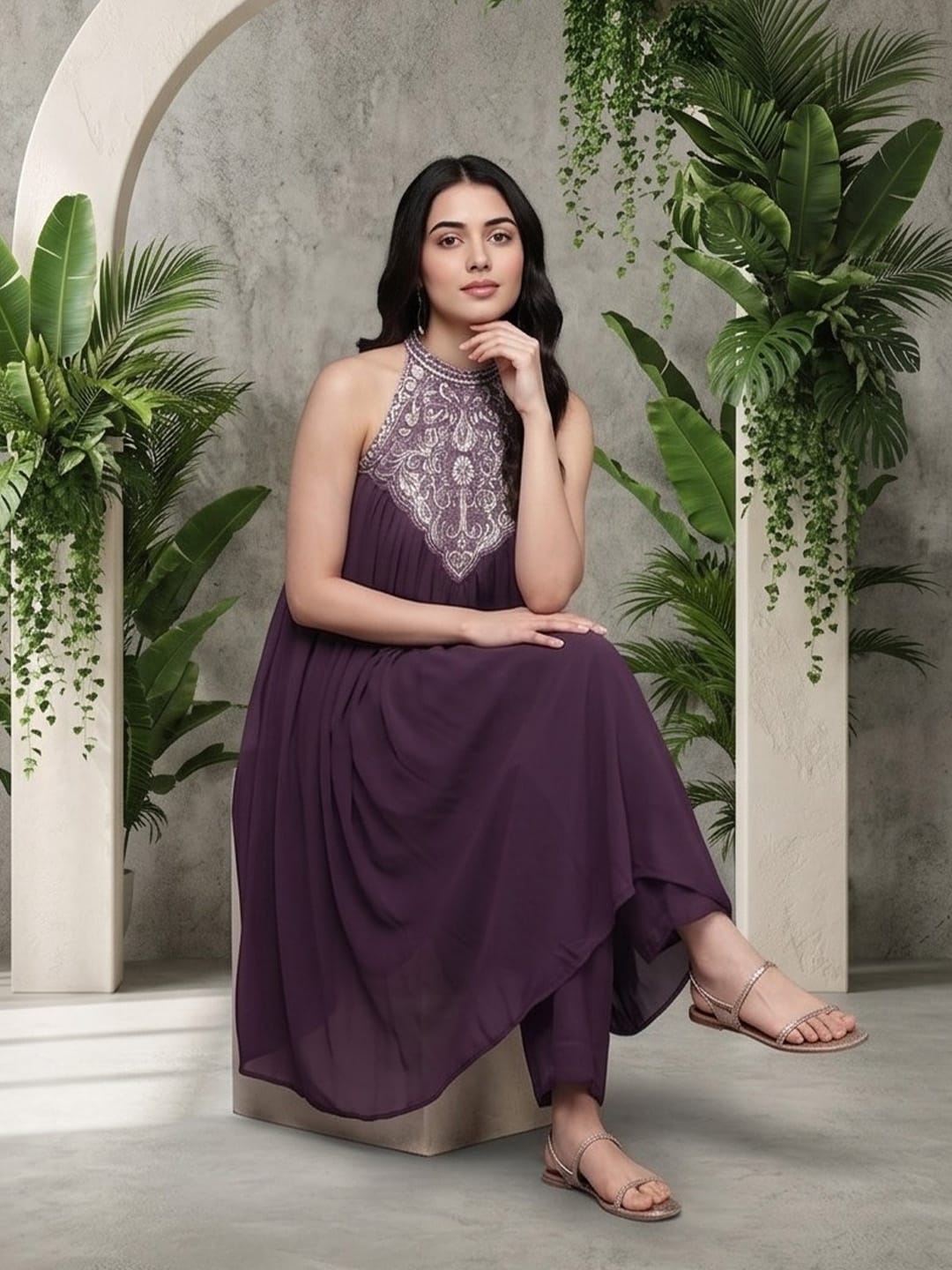 The Kurti Collection Women Purple Embroidered Sleeveless Flared Kurta Paired With Tonal Bottom