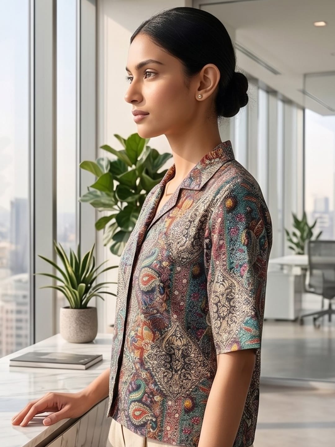 Multi Coloured Short Sleeves Shirt Collar Top