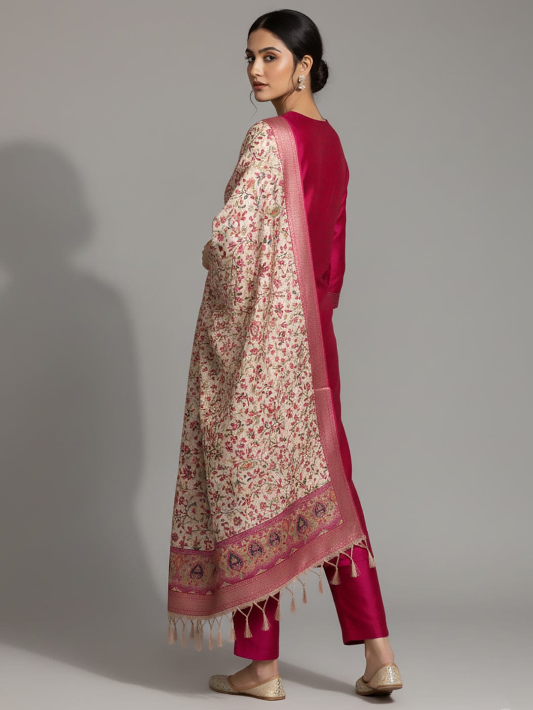 The Kurti Collection Women Pink Woven Zari Embroidered Straight Kurta With Bottom And Dupatta