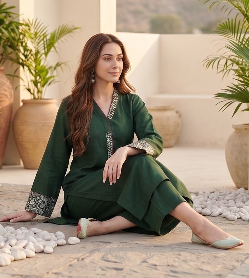 The Kurti Collection Women Green Embroidered Long & Flared Sleeves Kurta With Tonal Bottom