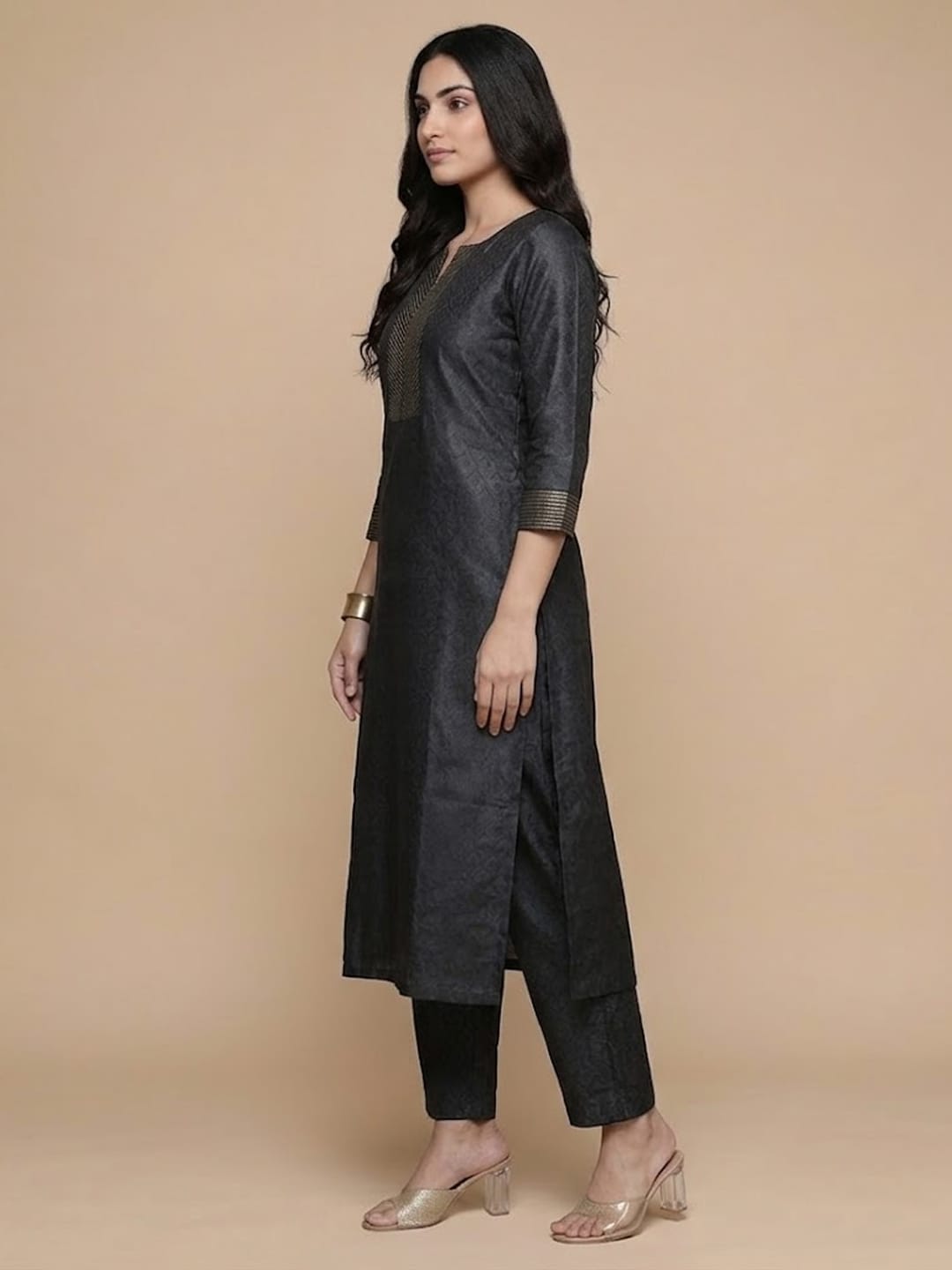 The Kurti Collection Women Navy Blue Woven Zari Embroidered Straight Kurta With Bottom And Dupatta