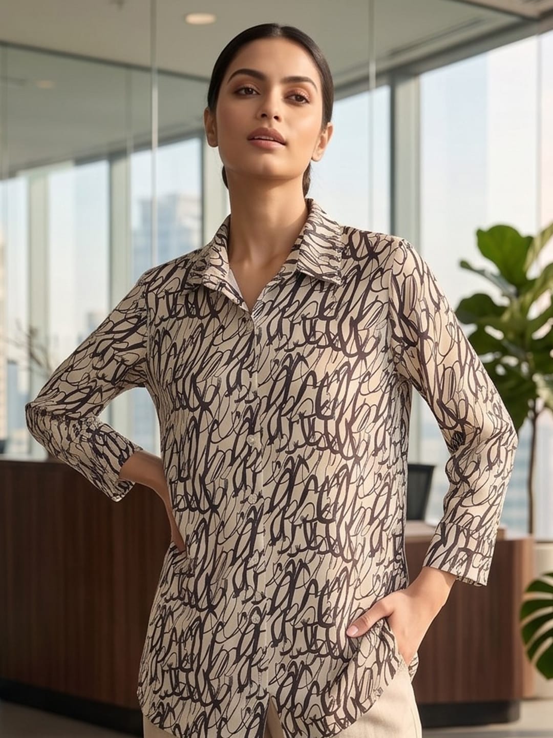 Cream Coloured Slim Collar Long Sleeves Abstract Shirt
