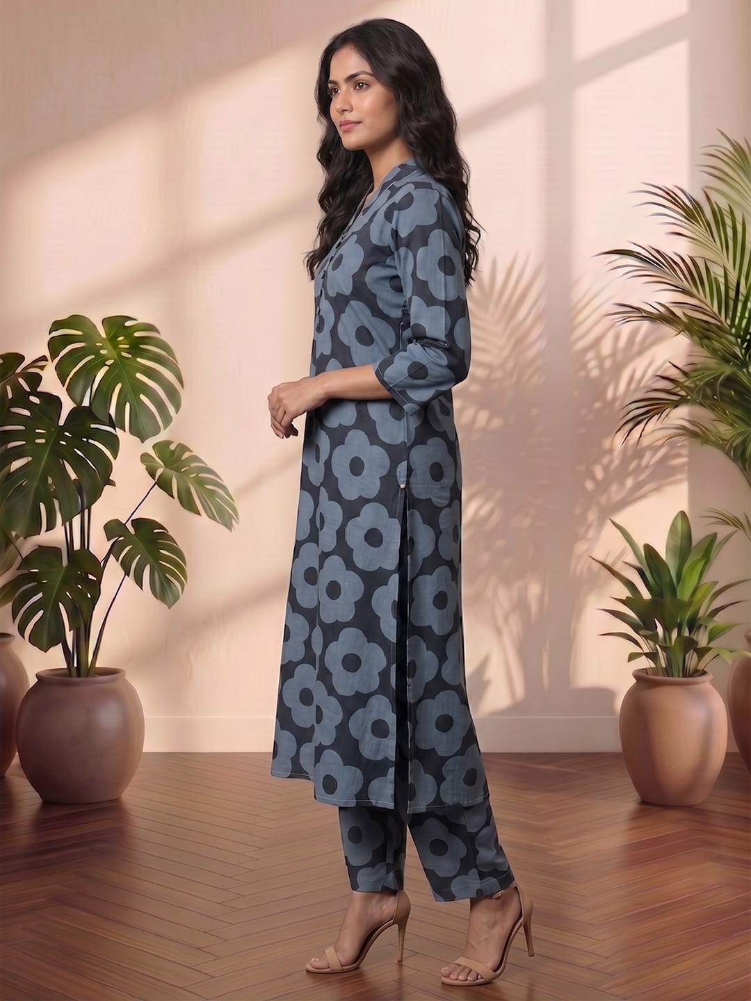 Bold Floral Prints Meet Effortless Comfort In This Chic Midnight Blue Kurta Set