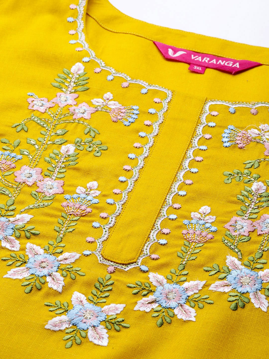 The Kurti Collection Women Mustard Yellow Floral Yoke Embroidered Straight Kurta
