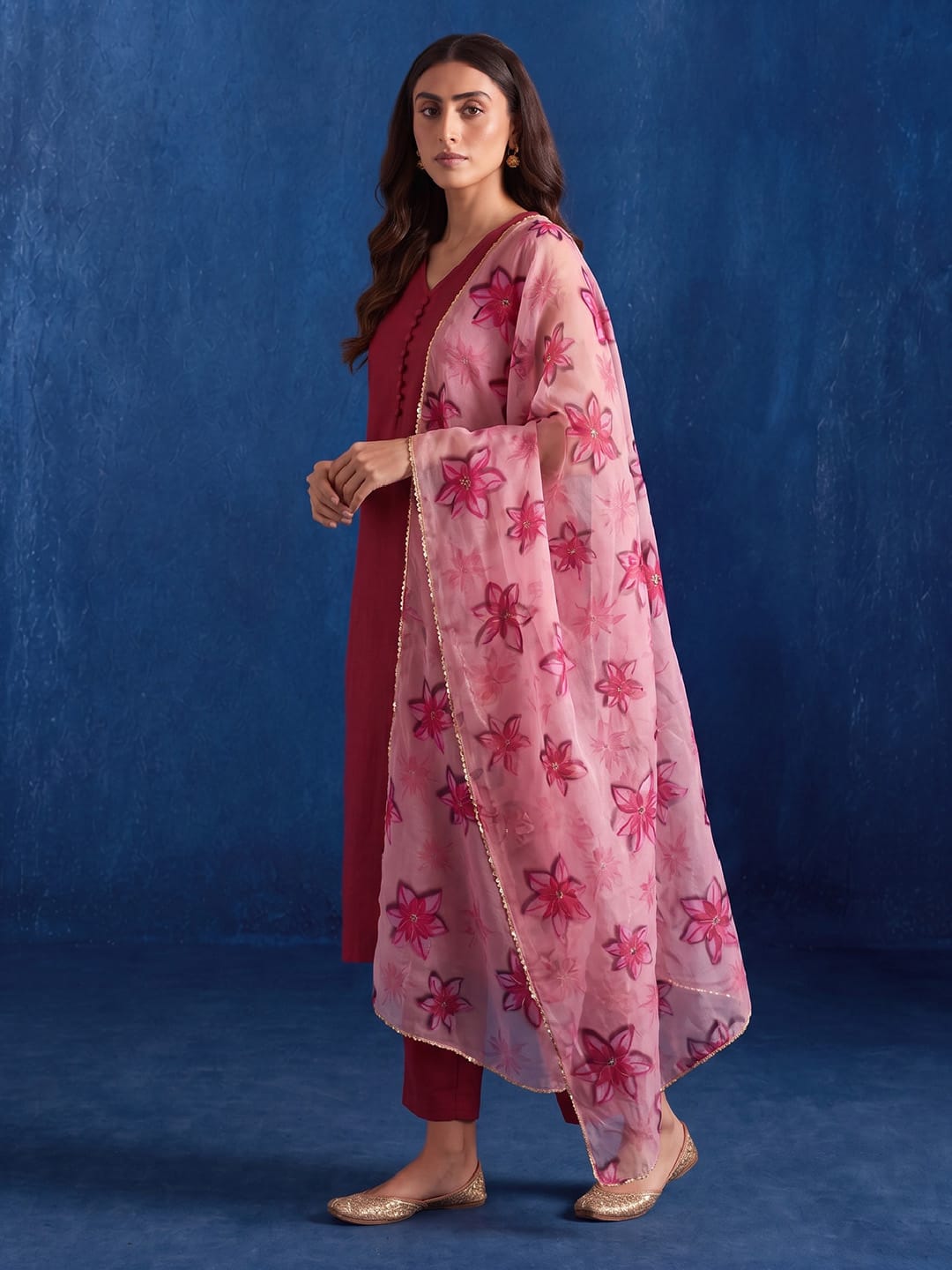 The Crimson Wine Floral Organza Women's Kurta Set