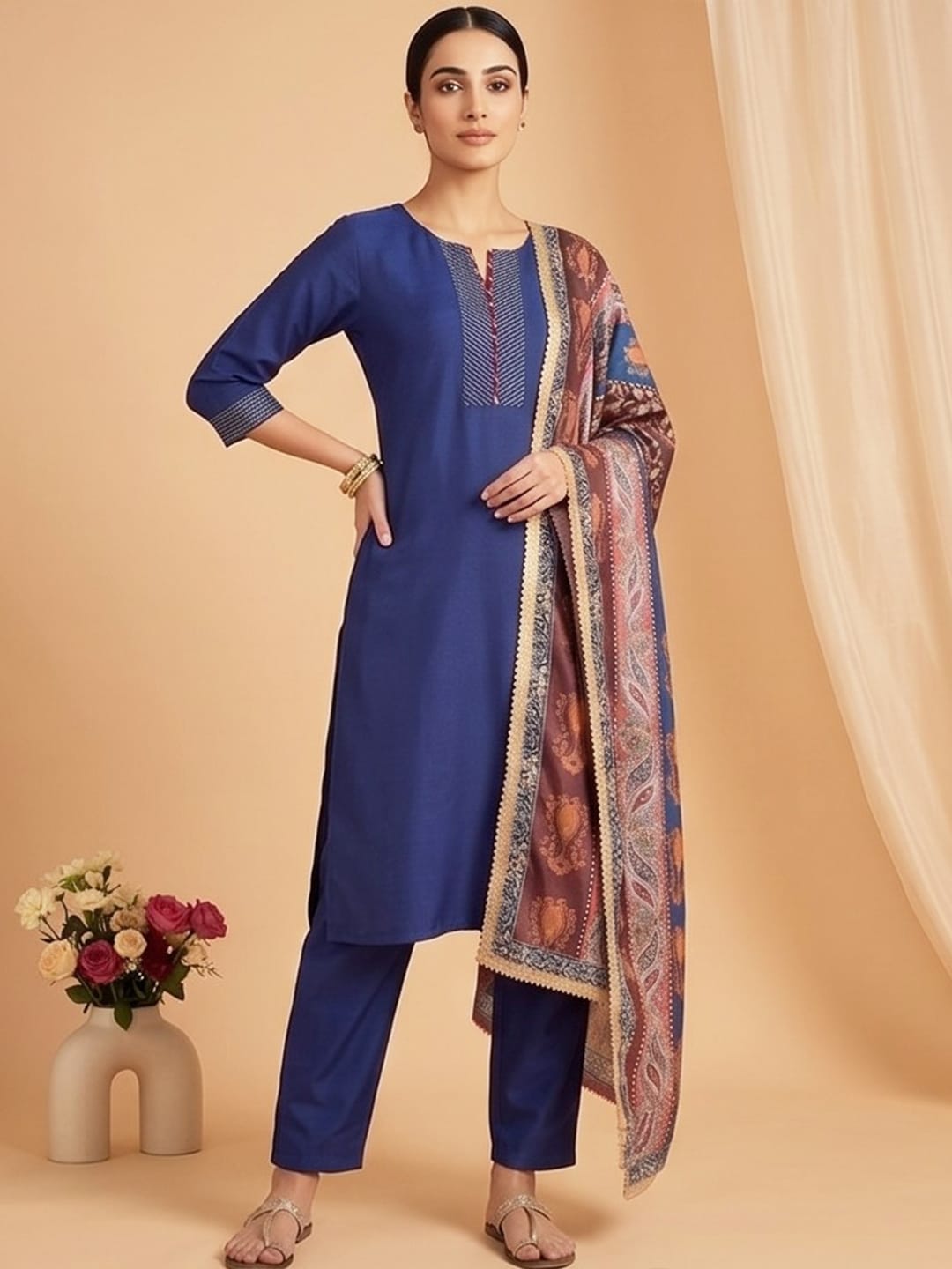 The Kurti Collection Women V Neck Straight Kurta With Pants & Dupatta