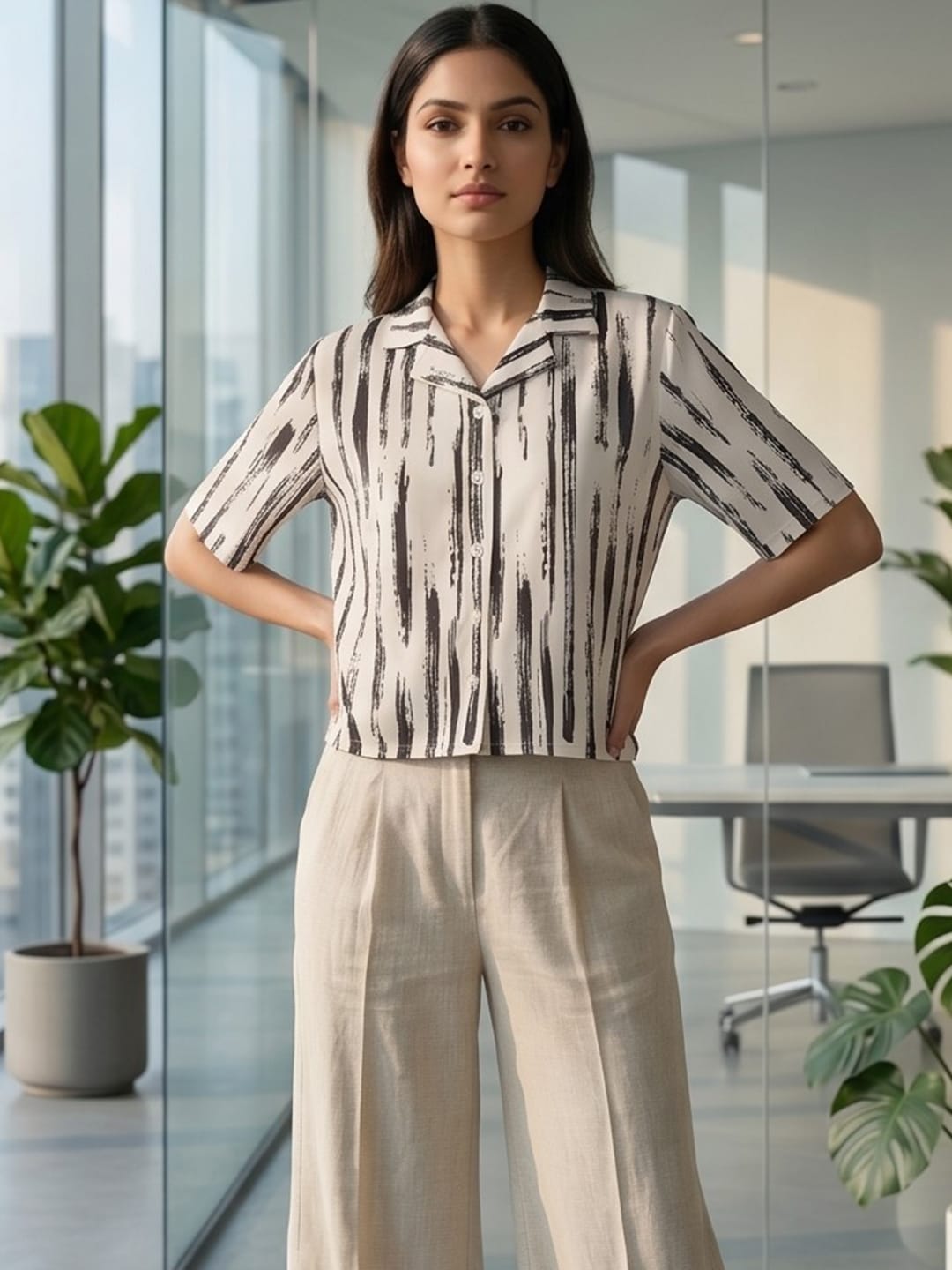 Black Coloured Short Sleeves Shirt Collar Top