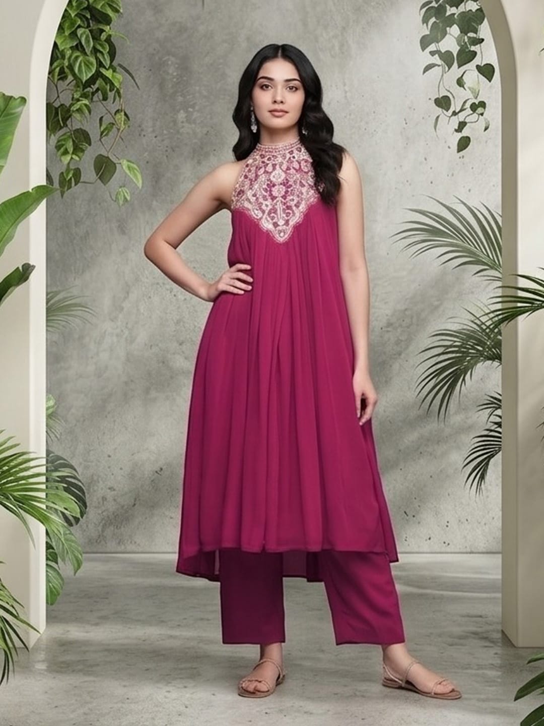 The Kurti Collection Women Fushcia Embroidered Sleeveless Flared Kurta Paired With Tonal Bottom