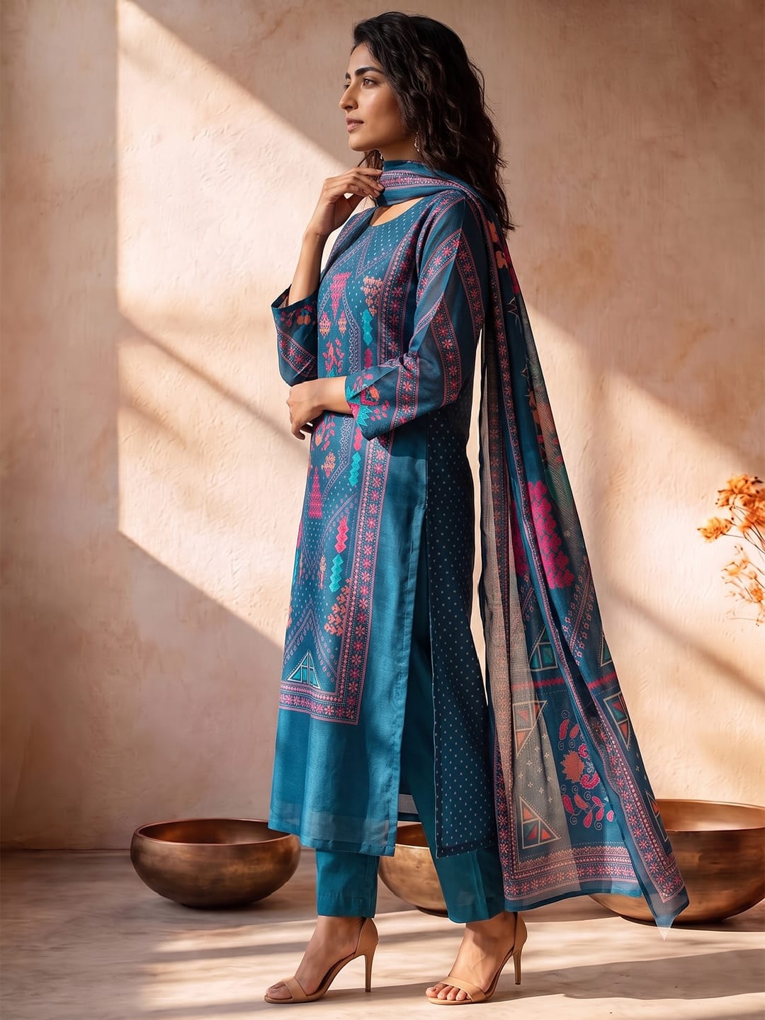 Kurta Set Featuring Artistic Prints And A Statement Dupatta