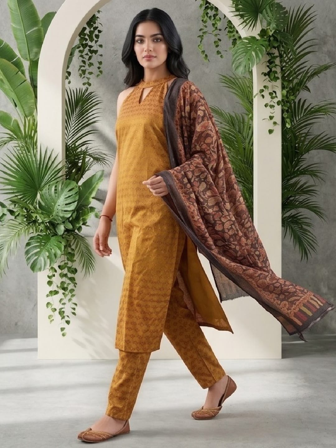 Textured Copper Kurta Set With Duaptta