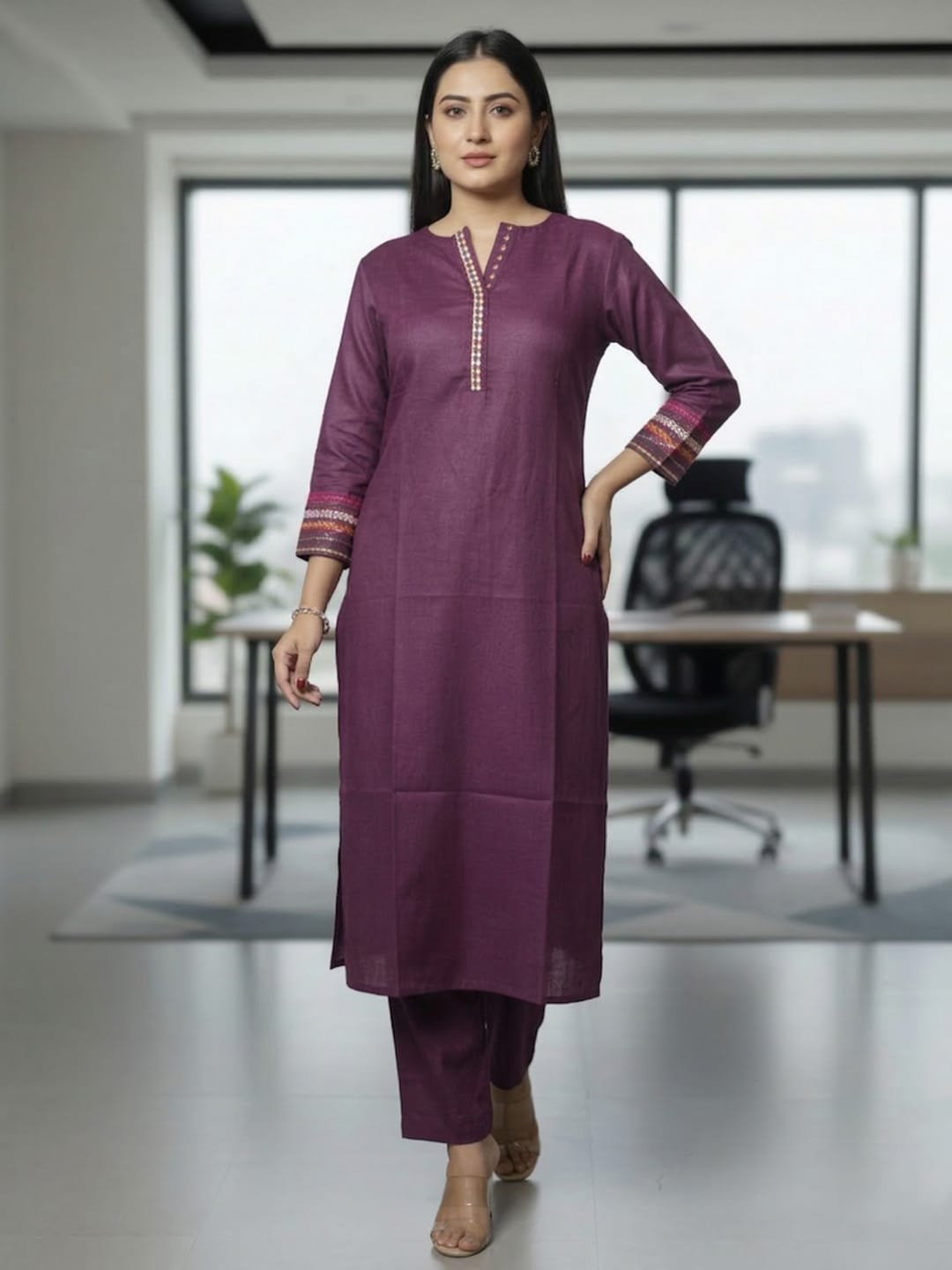 The Kurti Collection Women Mandarin Collar Thread Embroidered With Pleate Deatialing Kurta Paired With Bottom