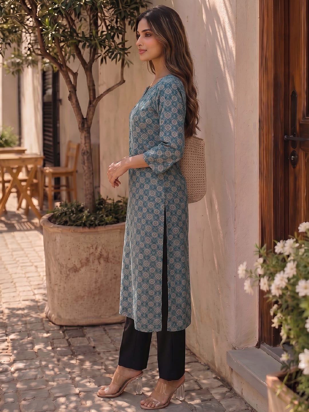 Teal Geometric Print Women's Kurta