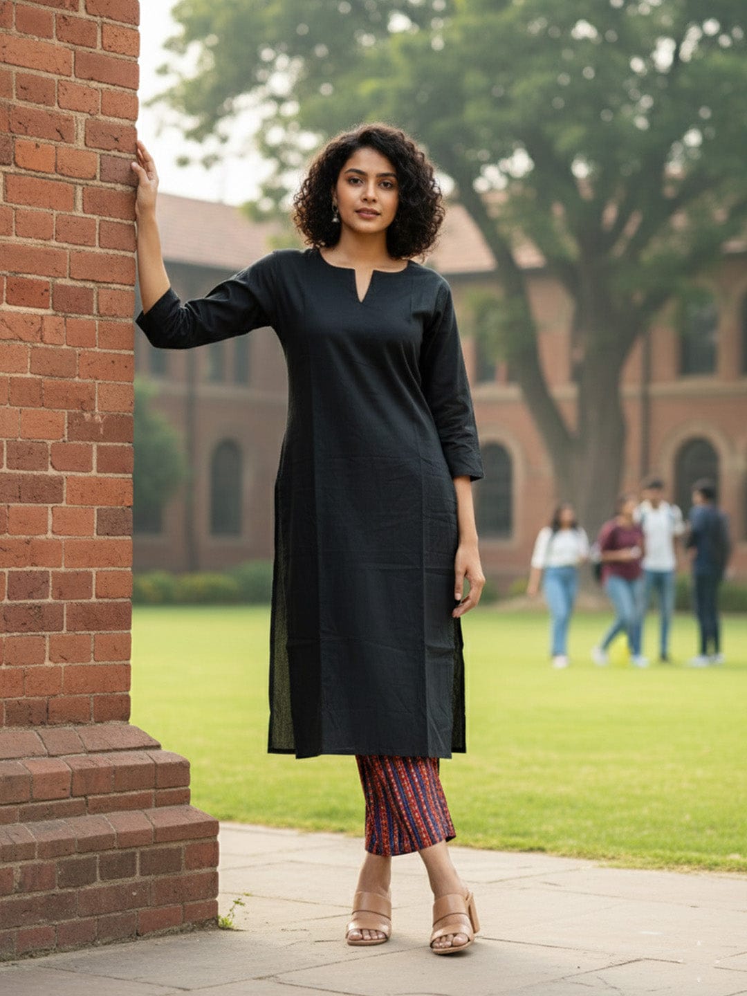 Black Hand-Printed Ethnic Kurta Set in Breathable Cotton