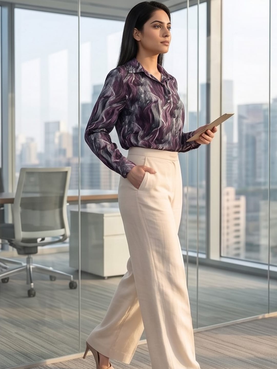 Purple Coloured Slim Collar Long Sleeves Abstract Shirt