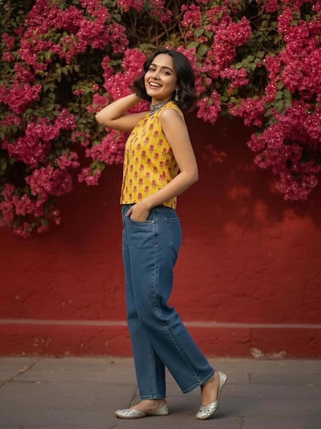 Bright Yellow Small Printed Cotton Top