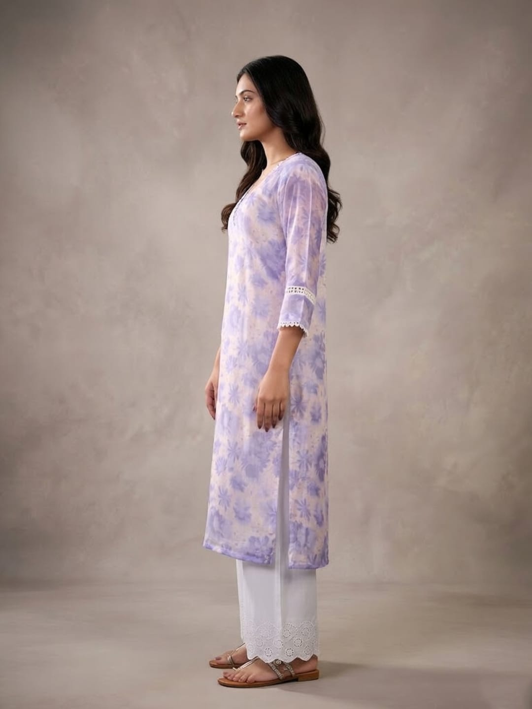 The Kurti Collection Women Lavender Floral Printed V- Neck Three Quarter Sleeve Straight Kurta.
