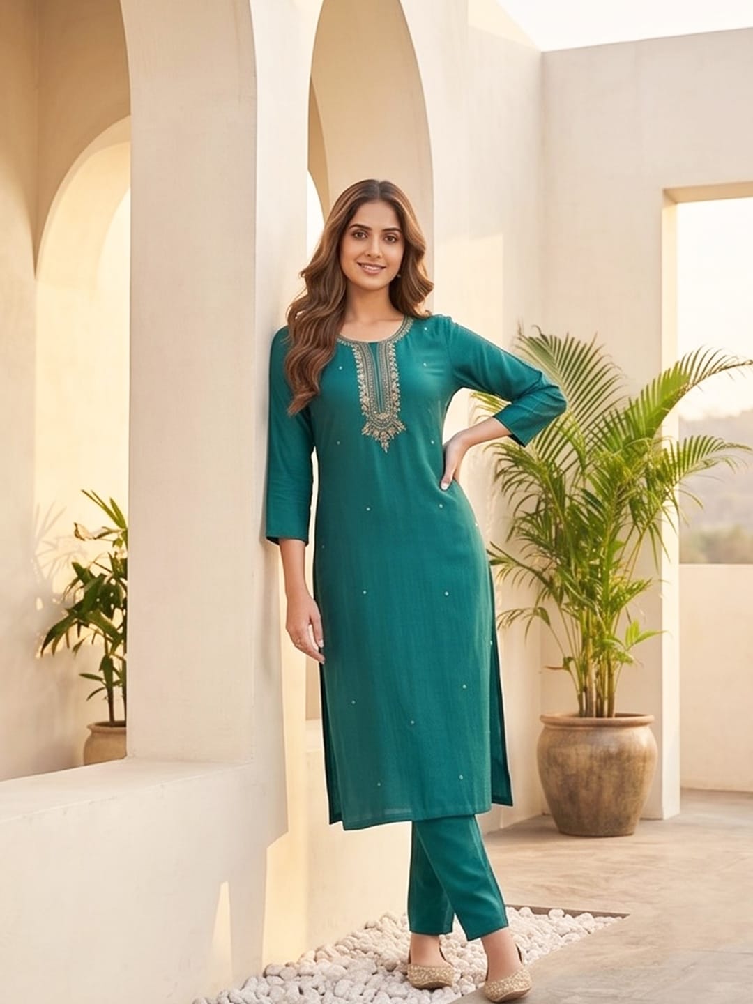 Purple 3-Piece Set With A Beadwork Yoke Kurta, Solid Trousers And Dupatta
