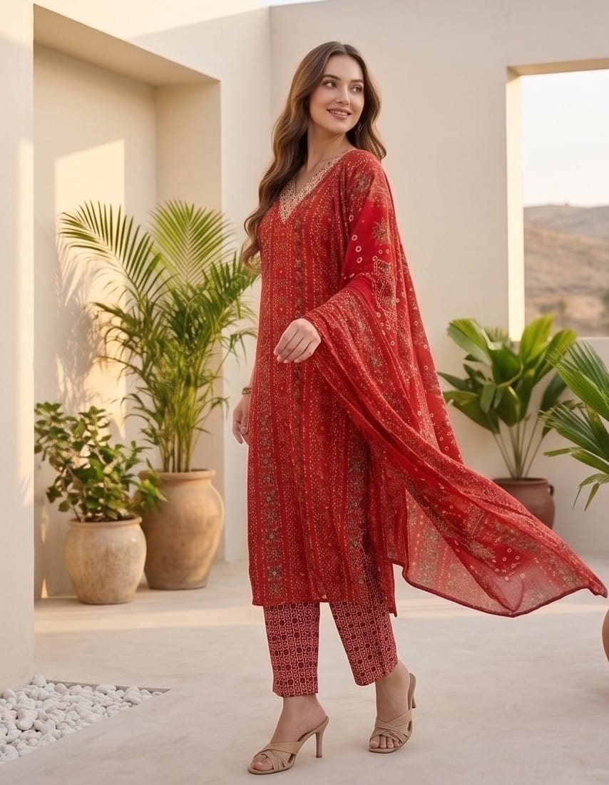 The Kurti Collection Women Red Printed V-Neck Embroidered Kurta With Bottom And Dupatta