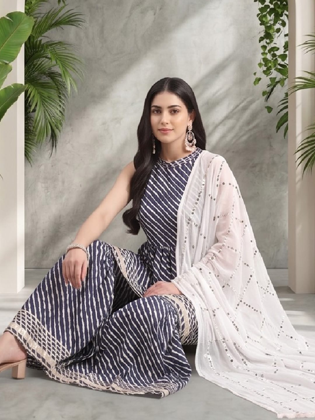 Varanga Blue And White Leheriya Halter Neckline Gota Work Kurta With Sharara And Sequins Emebllished Dupatta.